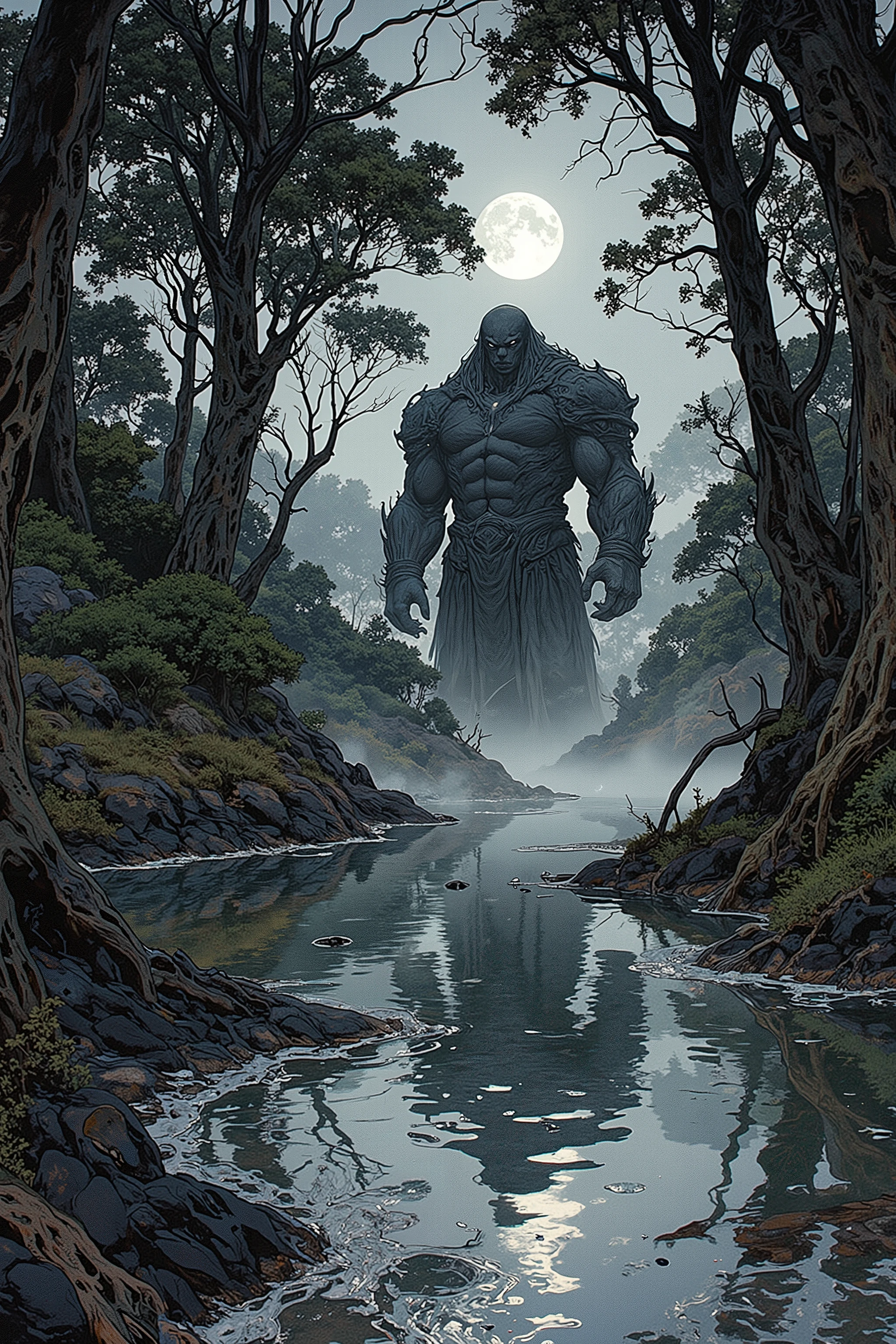 A high-resolution digital painting of a **mysterious boulder giant** standing in the middle of a **serene, mist-filled lake deep within a dense forest**. The giant’s **silhouette is extremely dark**, almost blending into the shadows, making its form feel even more **ominous and enigmatic**. The **thick, swirling mist** obscures details, leaving only its **towering, shadowy outline** visible. The **calm lake surface is highly reflective**, mirroring the giant’s **blackened figure** with **distorted ripples and eerie clarity**. Towering **ancient trees** with **twisting roots and thick foliage** surround the lake, their outlines barely visible through the dense fog. The atmosphere is **haunting yet majestic**, with **subtle moonlight struggling to pierce through the treetops**, casting a **pale, eerie glow over the mist and shimmering water**. The composition enhances the **sense of ancient mystery and quiet awe**, making it ideal for **fantasy concept art or a storybook illustration**.