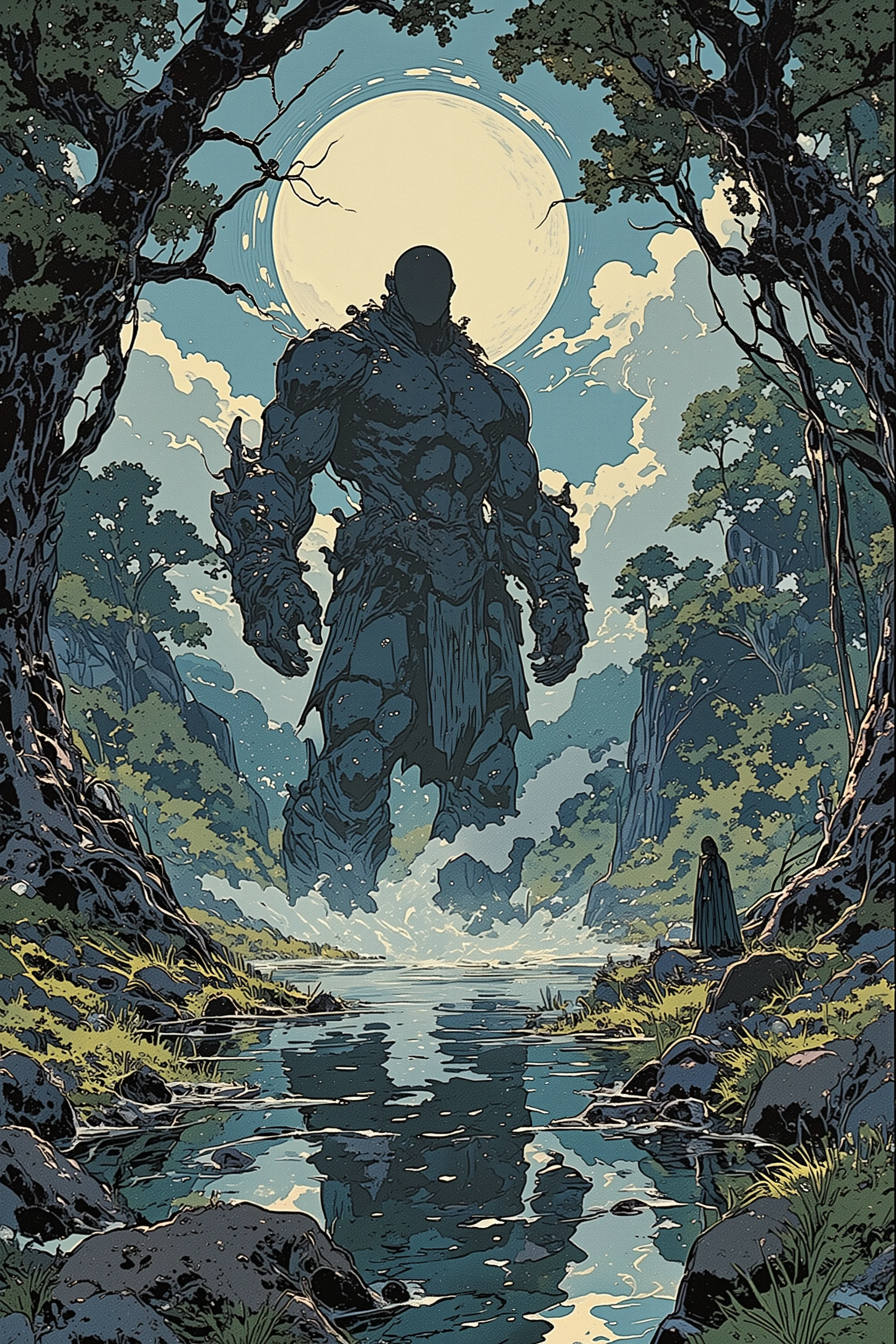 A high-resolution digital painting of a **mysterious boulder giant** standing in the middle of a **serene, mist-filled lake deep within a dense forest**. The giant’s **silhouette is extremely dark**, almost blending into the shadows, making its form feel even more **ominous and enigmatic**. The **thick, swirling mist** obscures details, leaving only its **towering, shadowy outline** visible. The **calm lake surface is highly reflective**, mirroring the giant’s **blackened figure** with **distorted ripples and eerie clarity**. Towering **ancient trees** with **twisting roots and thick foliage** surround the lake, their outlines barely visible through the dense fog. The atmosphere is **haunting yet majestic**, with **subtle moonlight struggling to pierce through the treetops**, casting a **pale, eerie glow over the mist and shimmering water**. The composition enhances the **sense of ancient mystery and quiet awe**, making it ideal for **fantasy concept art or a storybook illustration**.