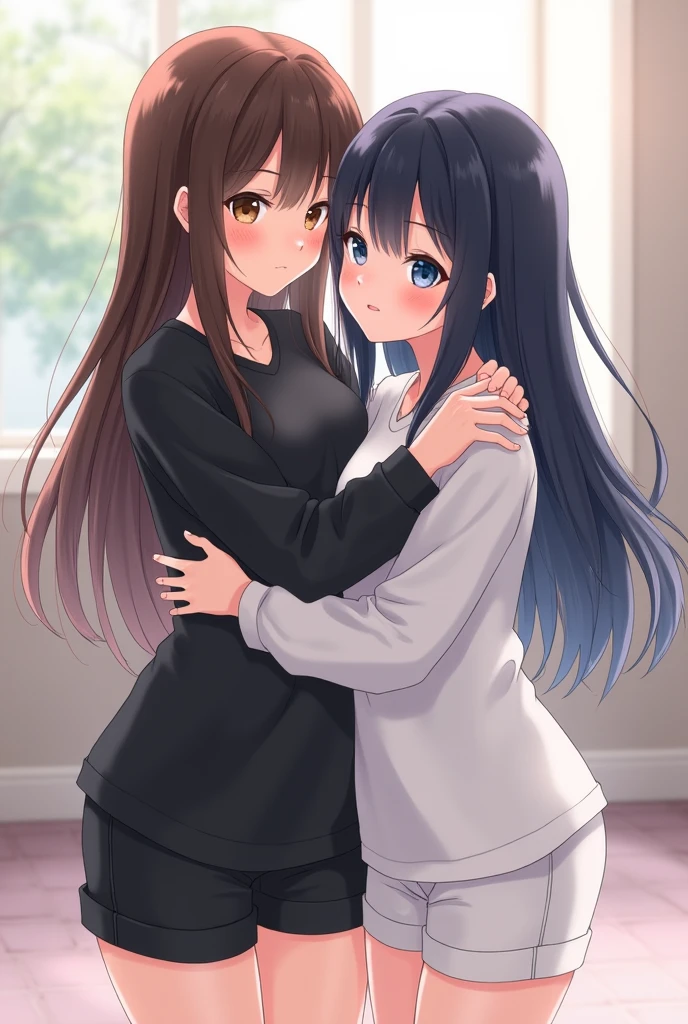 obra de arte, alta qualidade, Jimmy (Nome masculino), interaction with a girl, hug, (quente e aconchegante), comovente, ultra-detalhado, bonitinho, kind, Excelente qualidade, bem renderizado, Bidimensional, Jimmy em uma roupa casual,  com cabelo ondulado longo, Sorriso brilhante, hugging each other, (em um ambiente aconchegante de sala de estar), confortable clothes, (luz do sol entrando pela janela), atmosfera convidativa, sombreamento realista, emocionalmente evocativo.