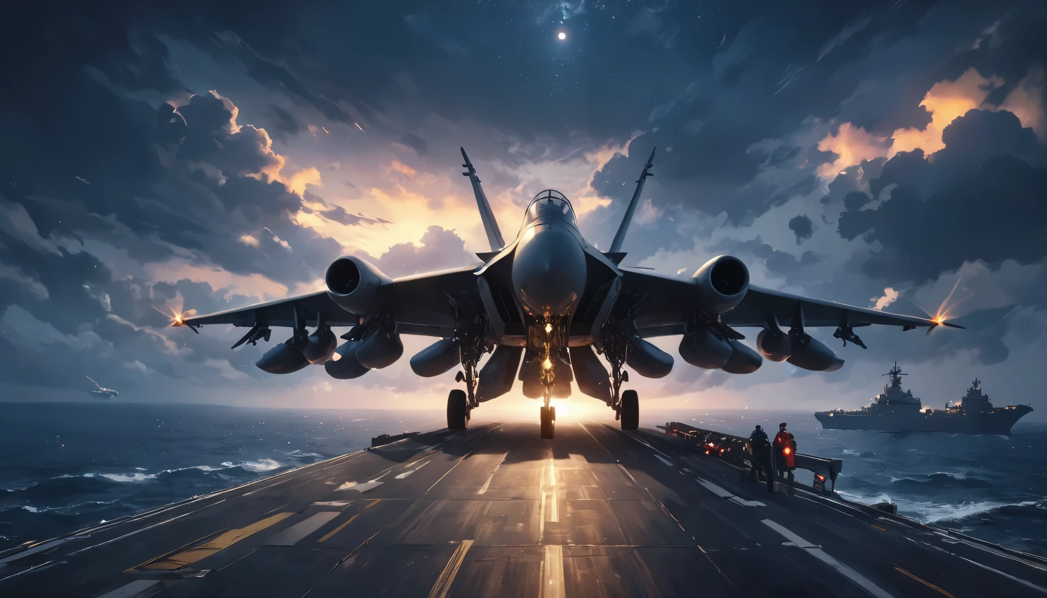 Ultra High Resolution, Carrier-based aircraft preparing for departure on the deck of an aircraft carrier, BEAUTIFUL NIGHT MISSION ,