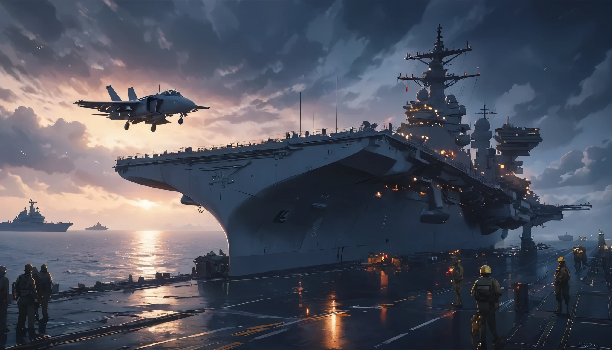 Ultra High Resolution, Carrier-based aircraft preparing for departure on the deck of an aircraft carrier, BEAUTIFUL NIGHT MISSION ,