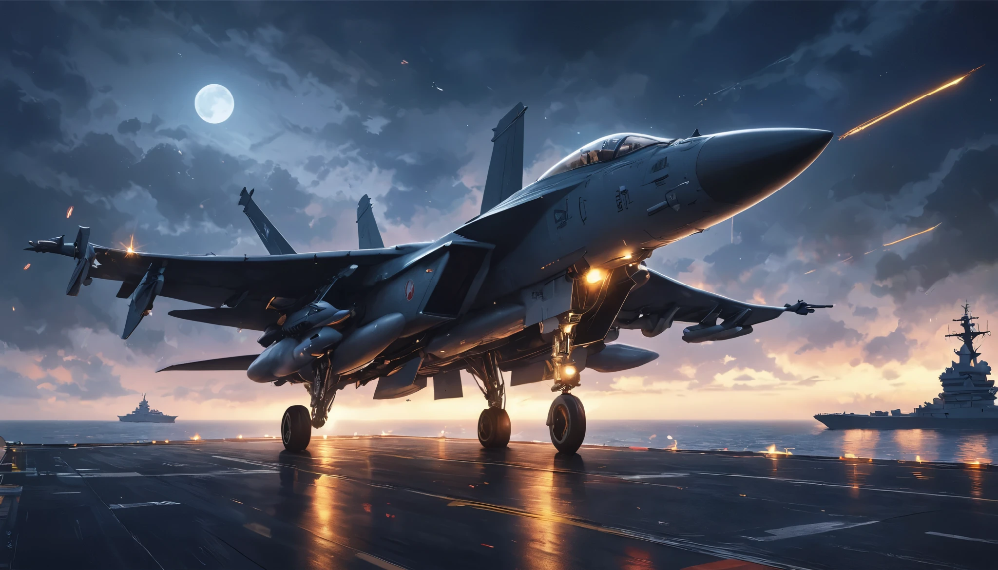 Ultra High Resolution, Carrier-based aircraft preparing for departure on the deck of an aircraft carrier, BEAUTIFUL NIGHT MISSION ,
