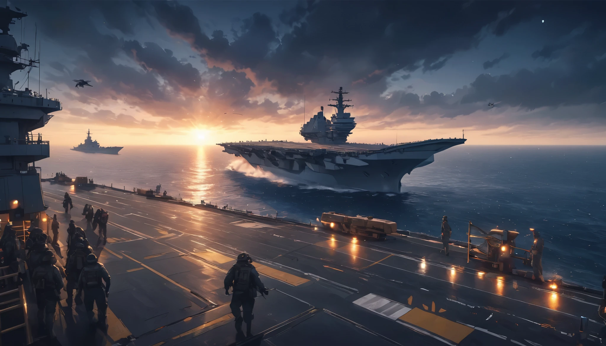 Ultra High Resolution, Carrier-based aircraft preparing for departure on the deck of an aircraft carrier, BEAUTIFUL NIGHT MISSION ,