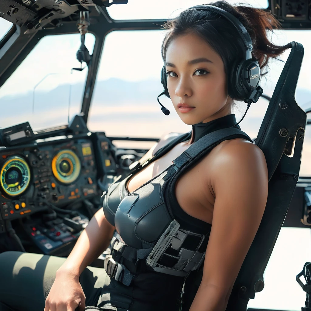 8K, best quality, masterpiece, super high resolution, (realism: 1.4), girl futuristic suit, in the sky, in cockpit, on the clouds, air battle, falling plane, mechanically built bird, real woman, cleavage, real face, cute girl, smile, perfect cyborg girl wearing sci-fi headphones, beautiful female , beautiful girl cyborg, silver hair, manipulator, CG,
