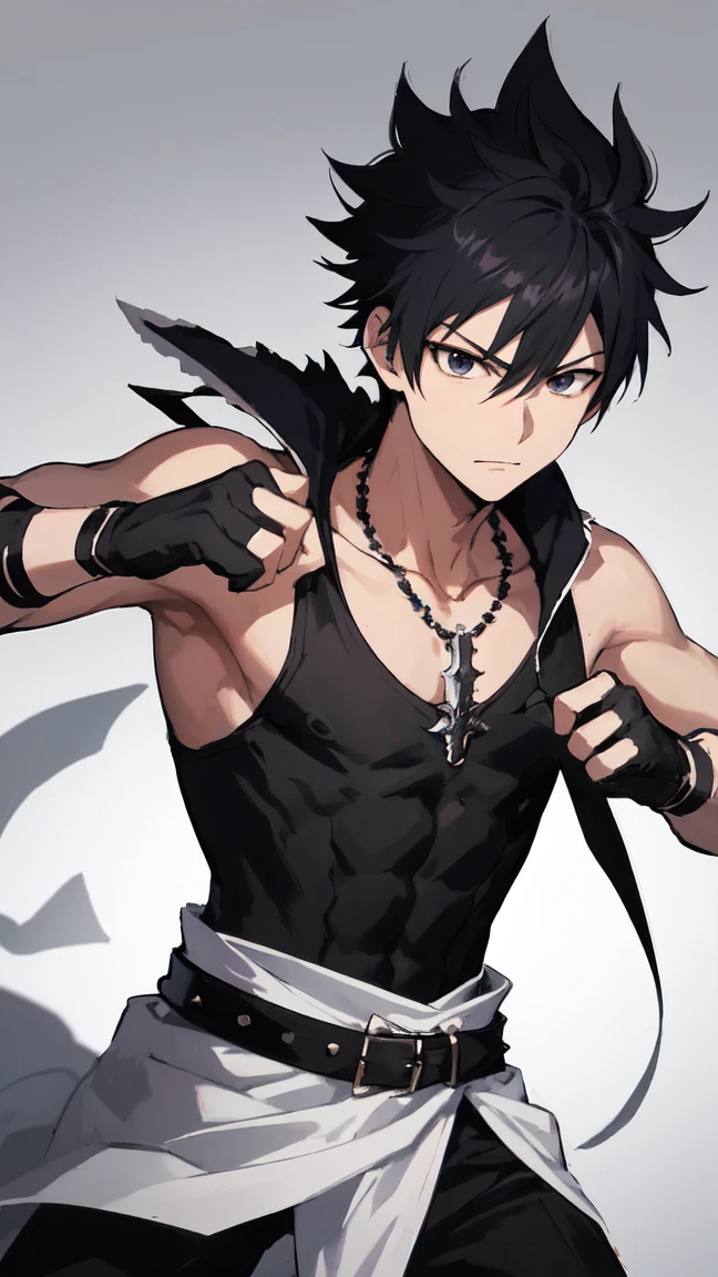 1boy, solo, 1boy, gray_fullbuster, black hair, black eyes, spiked hair, hair between eyes, necklace, male focus, solo, looking at viewer, Alone, no background, white background, warrior dress, black dress, serious face, fighting stance, black gloves, punching pose