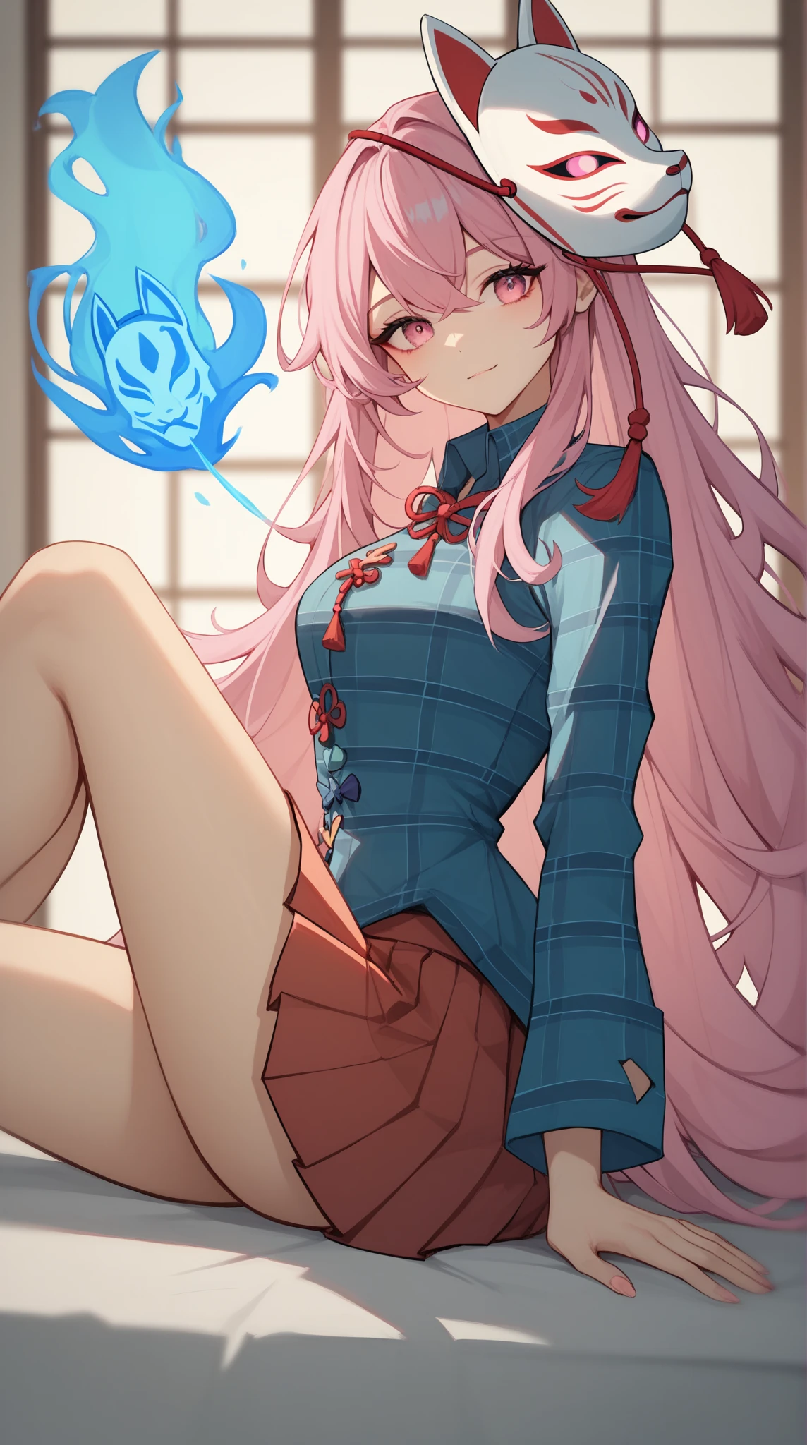 (Masterpiece, best quality: 1.2), traditional Chinese ink painting, pink hair, purple eyes, yae miko, couch