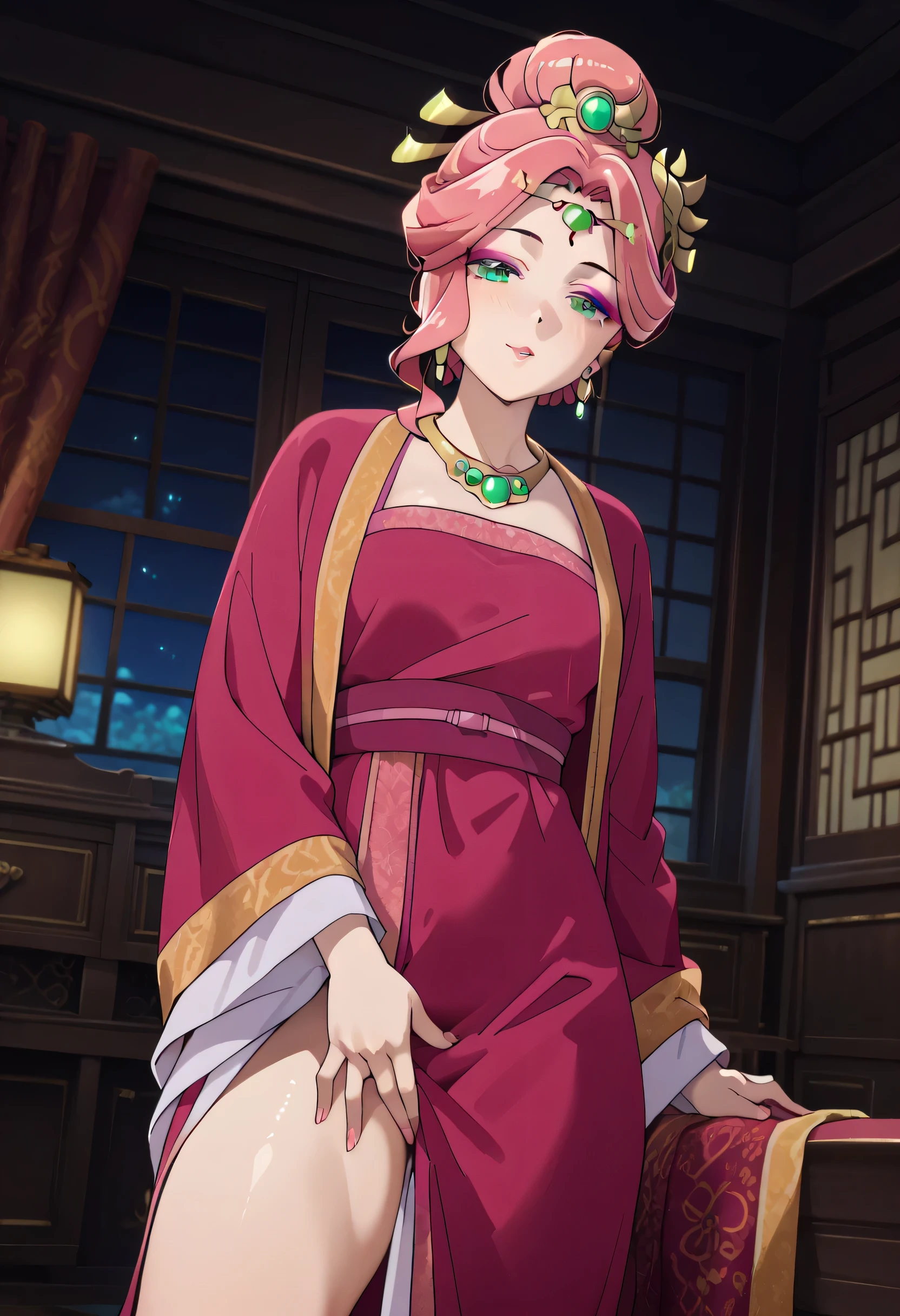 Female masturbation,crotch grab,finger into vaginal,beautiful thighs,,score_9, score_8_up , score_7_up , score_6_up , score_5_up , score_4_up , source_Genuine, quality_ masterpiece, hyper details, best quality,(Jade leaf, pink hair, single hair bun that shines light into the hair, Green Eyes, hair ornament , earrings, jewelry, necklace, dress, Hanfu, makeup ), takeda hiromitsu style , The skin is very pale,Oiled, Shawl, night ,room,) Dutch Angle,pup ils,, sexy pose,
