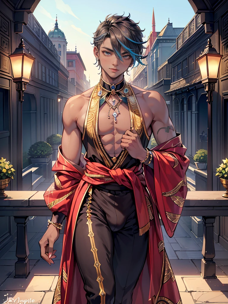 man wearing (matador:1.2) costume, young and handsome, masculine, full shot, toned abs, narrow waist, narrow hips, thick defined thighs, crotch bulge, tight capris, nipples, bullfighting arena, blowing wind, grin, narrow black necktie, dynamic pose, (heavily ornamented clothes, embellished with gold, embroidery, sequins:1.3), outdoors, ((masterpiece)), ((best quality:1.2)), high resolution, 8k, (ultra_realistic:1.3), (photorealistic:1.4), (absurdres), sharp focus, highly detailed, professional lighting, photography, hdr, depth of field, film grain, 35mm, dslr shot, global illumination,