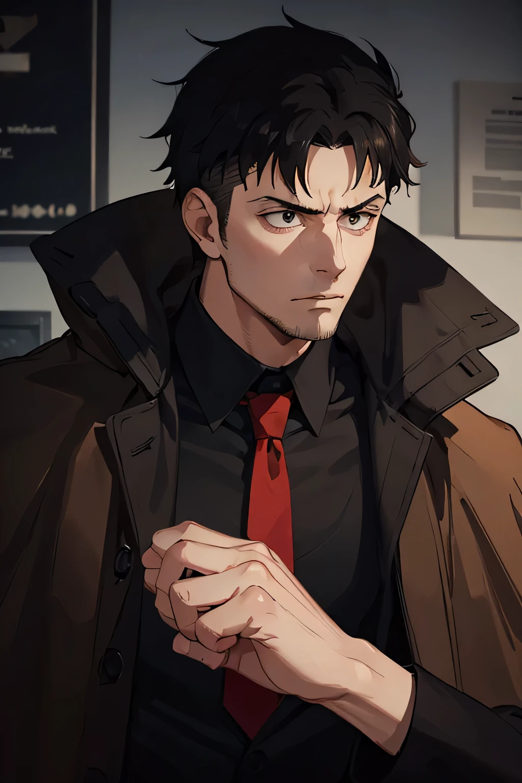 27 years old man , wear a brown cape coat, wears a white shirt, wears red tie , anti hero, muscular , cold-blooded , upholds justice , authoritative , thinly bearded , front facing
