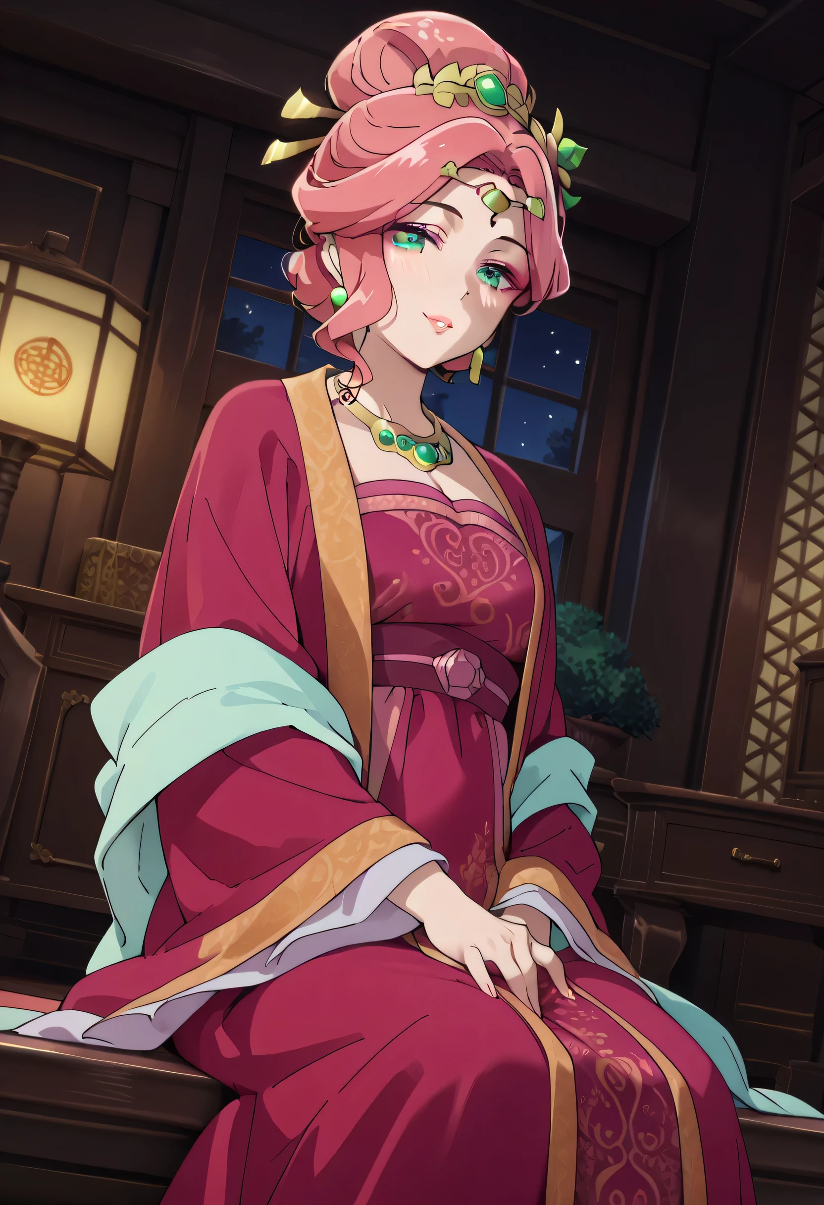 Female masturbation,crotch grab,finger into vaginal,beautiful thighs,,score_9, score_8_up , score_7_up , score_6_up , score_5_up , score_4_up , source_Genuine, quality_ masterpiece, hyper details, best quality,(Jade leaf, pink hair, single hair bun that shines light into the hair, Green Eyes, hair ornament , earrings, jewelry, necklace, dress, Hanfu, makeup ), takeda hiromitsu style , The skin is very pale,Oiled, Shawl, night ,room,) Dutch Angle,pup ils,, sexy pose,sitting ,looking at viewers