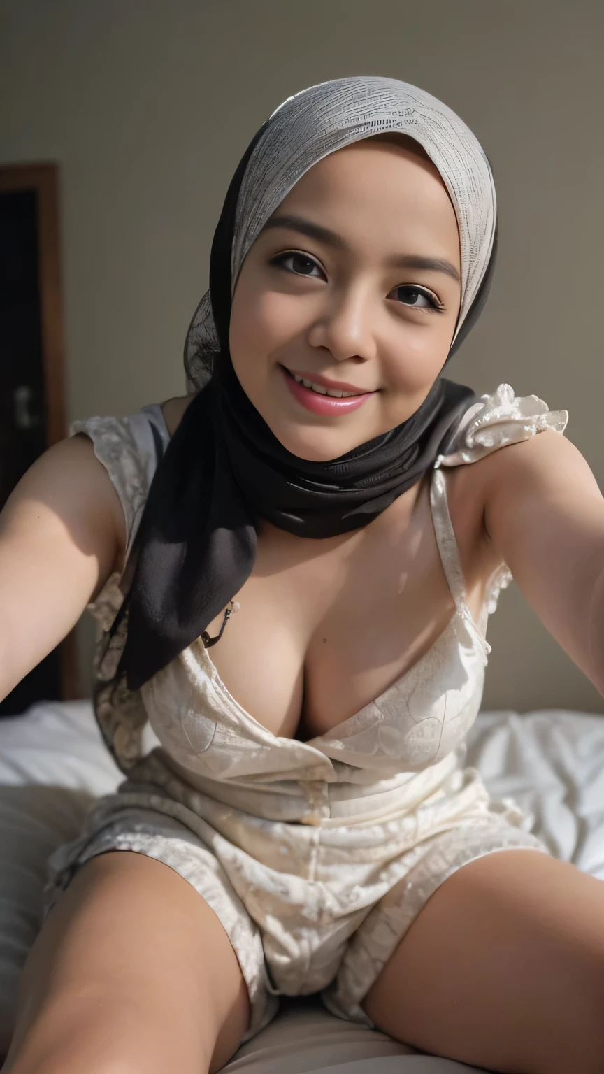 (Best quality, masterpiece) ,(nikon RAW photo, 8 k, Fujifilm) , 1girl, mature female, (hijab, white hijab:1.2) , lingerie, gigantic breast, professional lighting, dramatic lighting, medium close shot, (serious expression), emotionless, looking to viewer, indoor, depth of field, 