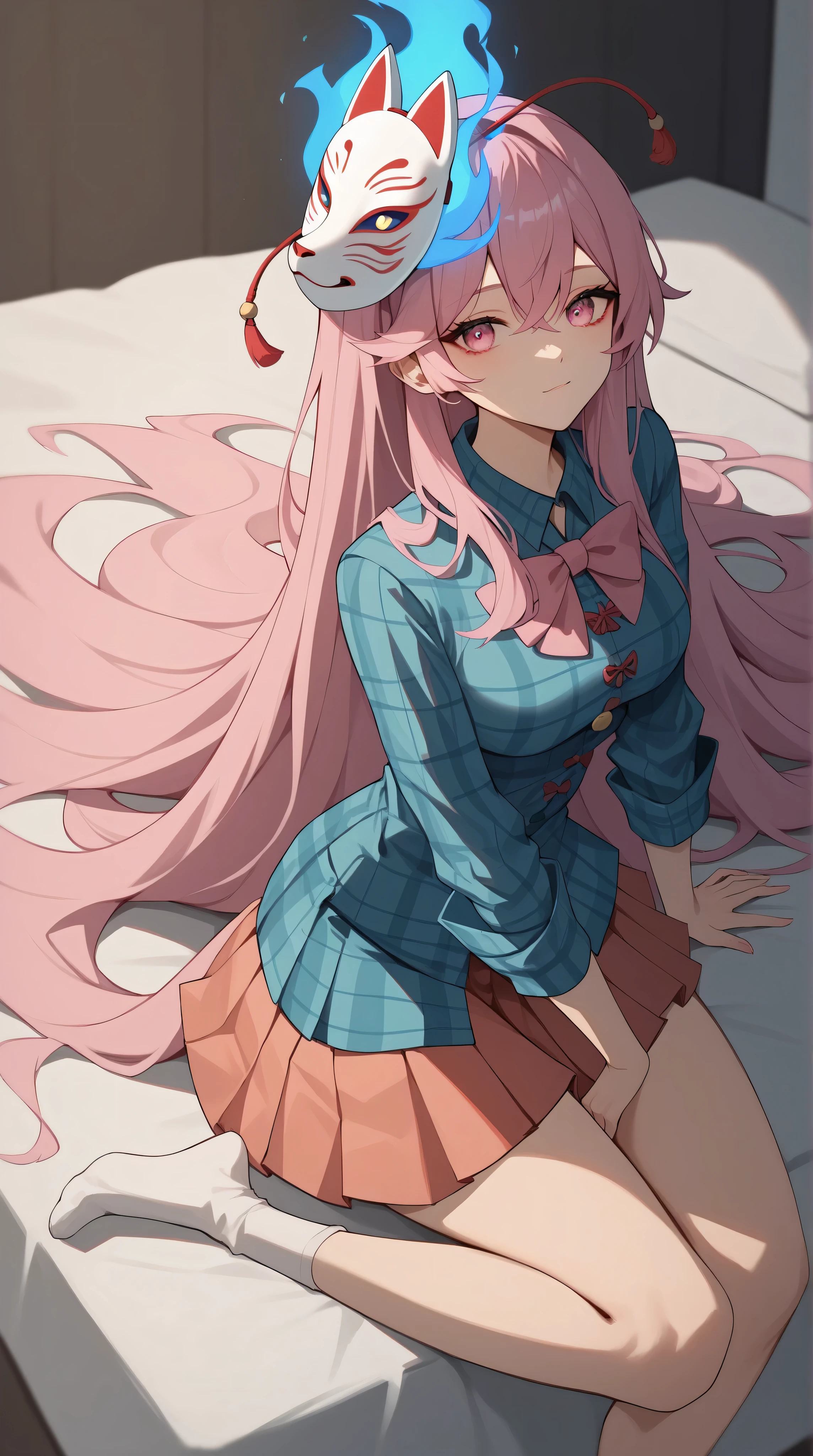 ( , very good work ., top quality , , very high definition ), 1 girl , Hata no Kokoro , Fox Mask, Pink Hair, long hair, Pink Eyes , emotionless face , , the mask is on the head , with your mouth shut , blue plaid shirt , Pleated skirt, Blue Flame, sitting on the bed details above , high definition , Perfect , tights