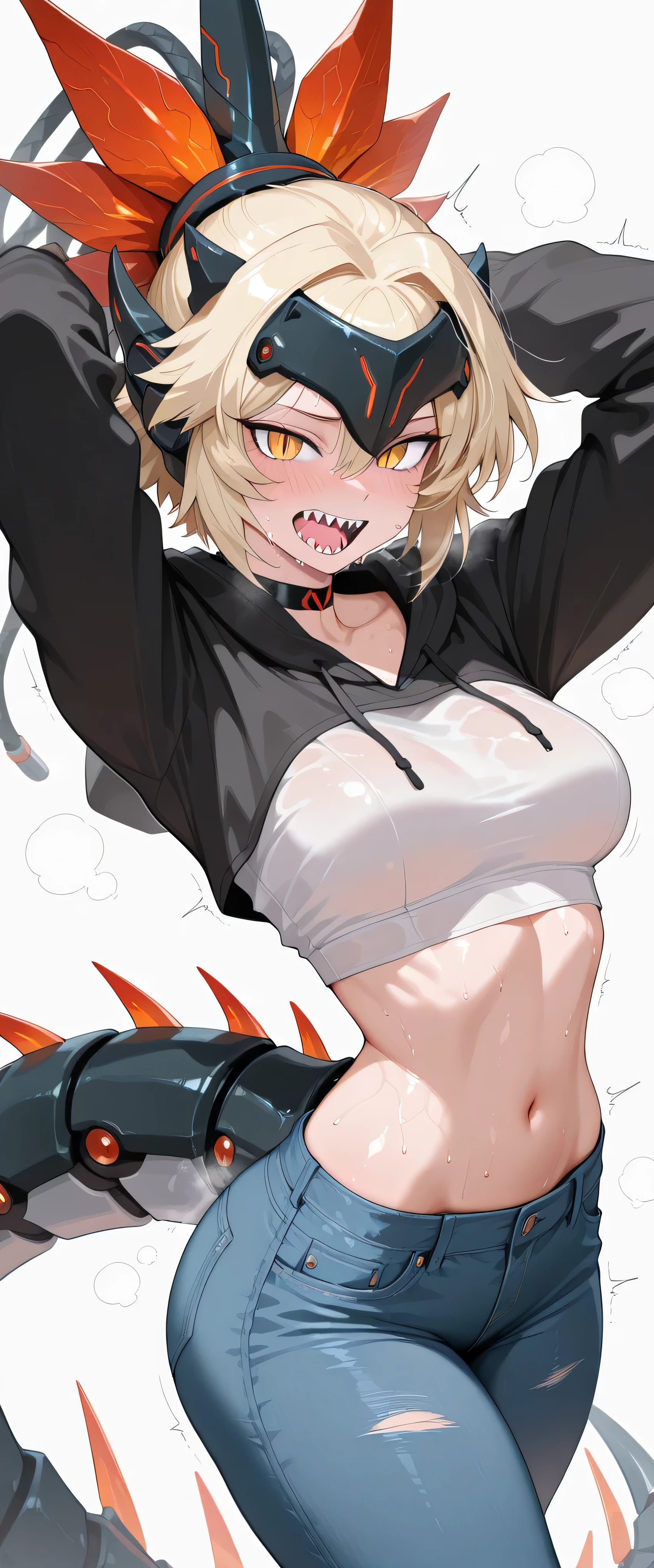dinomorphia kentregina, 1girl, solo, slit pupils, hot, steaming, steaming body, sweat, sweating, sweaty, sweaty body, wet, wet body, dripping, dripping sweat, blushing, embarrassed, nervous, open mouth, (((sharp teeth))), (((big teeth))), (((white background))), looking at viewer, cowboy shot, standing, dynamic pose, medium breasts, facial mark, mechanical headgear, mechanical forehead protector, choker, collarbone, short black and white hoodie tucked i, tight high-waisted denim jeans, (((round butt))), slim waist, skinny waist, slim hips, skinny hips, mecha dragon girl, (((mechanical tail))), big tail, masterpiece, best quality, amazing quality, very aesthetic, absurdres, newest, view from behind, butt visible, butt focus, arms up, shaking butt, (((butt toward viewer)))