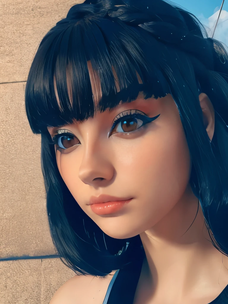 score_9, score_8_up, score_7_up, score_6_up, 1girl, solo, jewelry, rating: safe, brown_eyes, black_hair, lips, makeup, armlet, breasts, egyptian, egyptian_clothes, dark_skin, nose, earrings, gold, lipstick, cleavage, realistic, looking_at_viewer, medium_breasts, piercing, gyaru, blunt_bangs, bangs, bob_cut, long_fangs, (from_above:1.3), downblouse, dark, silk, black_robe, moonlight, temple, night, moon, (rape_face:1.3)