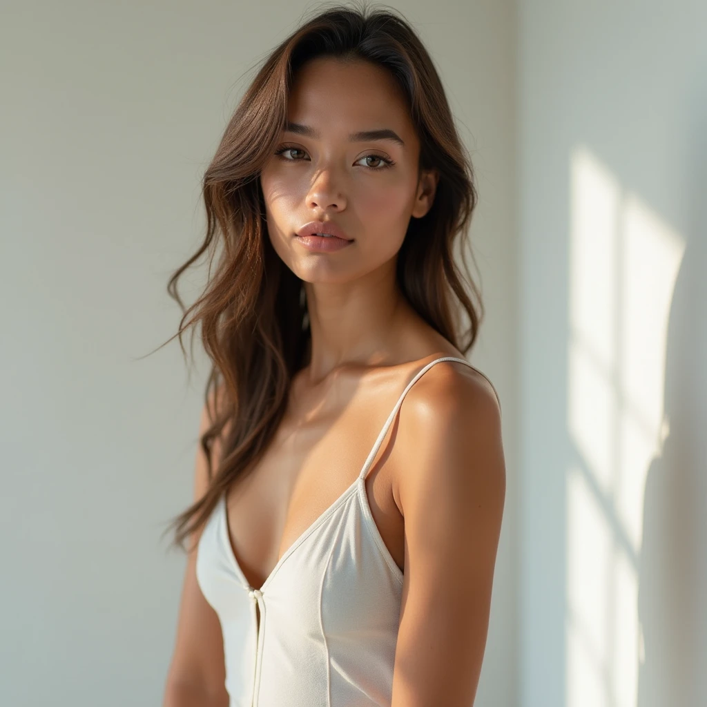 (Best quality, Ultra detailed, Golden ratio, Masterpiece:1.2), Theatrical lighting:0.7, Photo of a woman, dressed in a very elegant and pretty dress, Perfect rare face, (Highly detailed skin), light brown hair, skin texture, tan skin, shiny skin, (thin, large size:1.2), [:(Sharp focus on rare face, perfect eyes:1.2):0.2], photorealistic, film grain, from below looking up、look at camera、Emphasize the shoulders, Focus on face, smile with corners of mouth raised、summer haze, muted colors, muted warm colors, Photo cinematic portrait of a woman dressed in a striped dress sitting by the window in the early morning, cinematic, (tilted:1.3) standing under a spotlight, volumetric dust clouds, key light, backlight, soft natural lighting, photography Film grain ISO 400 30 mm lens RAW f1.8 aperture, highly detailed (analog photography:1), colors hdr