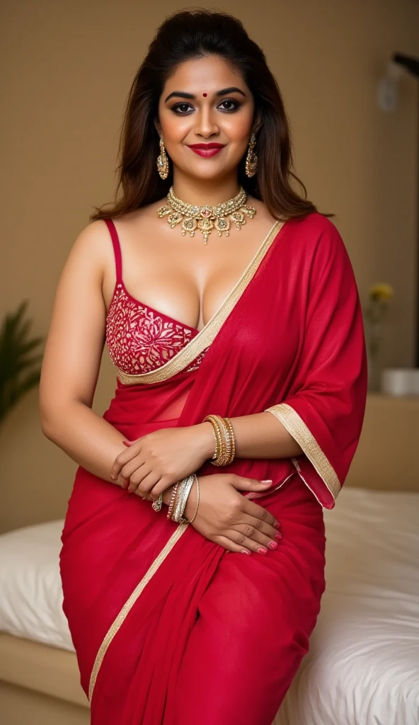 extreme close up photo of naked indian, big cheeks, hourglass figure, curvy, kneel down on all four on table in office, red lips, nerd glasses,big , necklace, sultry, only saree, no blouse,no bra,look at viewer and subtle smile, (cinematic:1.3), intricate details, (ArtStation:1.2)
