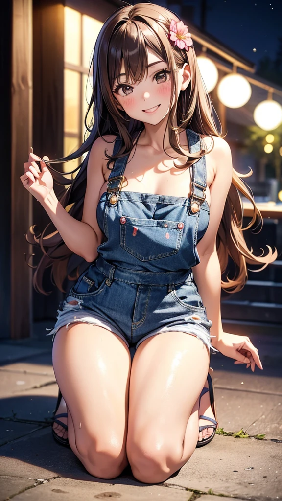 Maki: ore no imouto ga konna ni kawaii wake ga nai, 25-yers-old girl with wavy brown hair wearing sexy denim overalls shorts and sports bra with long socks and blue sneakers. on the farm, smiling, close up 