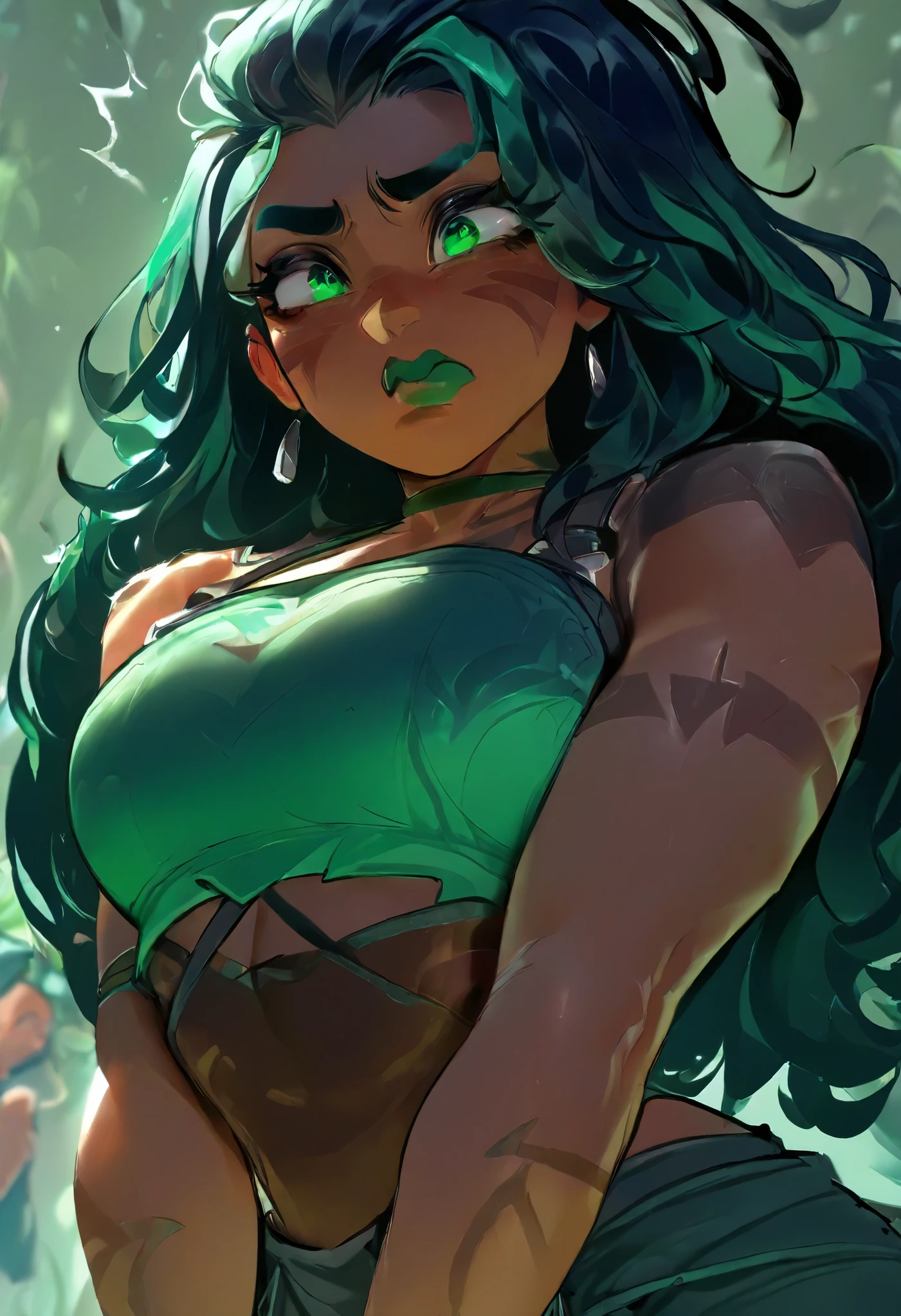 Score_9, Score_8_up, Score_7_up, Score_6_up, masterpiece, portrait, best quality, upper body, 1female, wide hips, taller frame, dommy mommy, dark skin, green eyes, muscular body, neutral expression, long curled hair, green tribal tattos, wearing a tribal outfit, posing, by krekkov, by floox, L0LSPL4SH