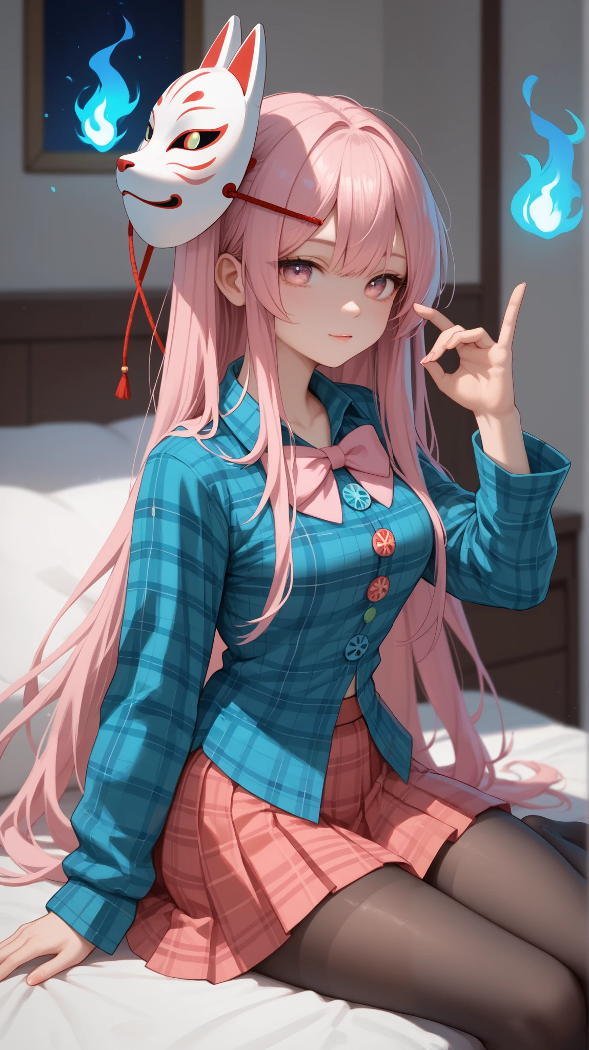 ( , very good work ., top quality , , very high definition ), 1 girl , Hata no Kokoro , Fox Mask, Pink Hair, long hair, Pink Eyes , emotionless face , , the mask is on the head , with your mouth shut , blue plaid shirt , Pleated skirt, Blue Flame, sitting on the bed details above , high definition , Perfect , tights , Gesture , Alluring