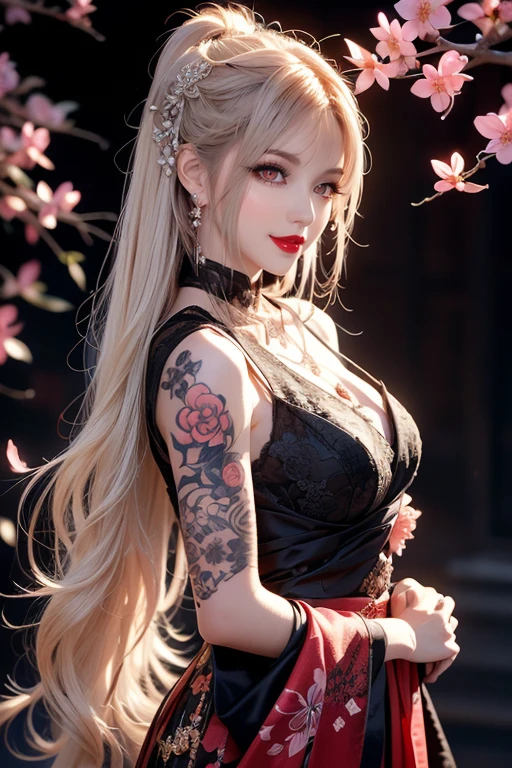 20Year、beautiful,、Cute Girls、Warrior、dragon tattoo on arm、Hold the Japanese sword in front of your body、Draw your sword and prepare、Sharp Eyes、Enemy's blood on his cheek、In the woods、Swordsman、Rose tattoo on chest、Blonde、Contemporary face、