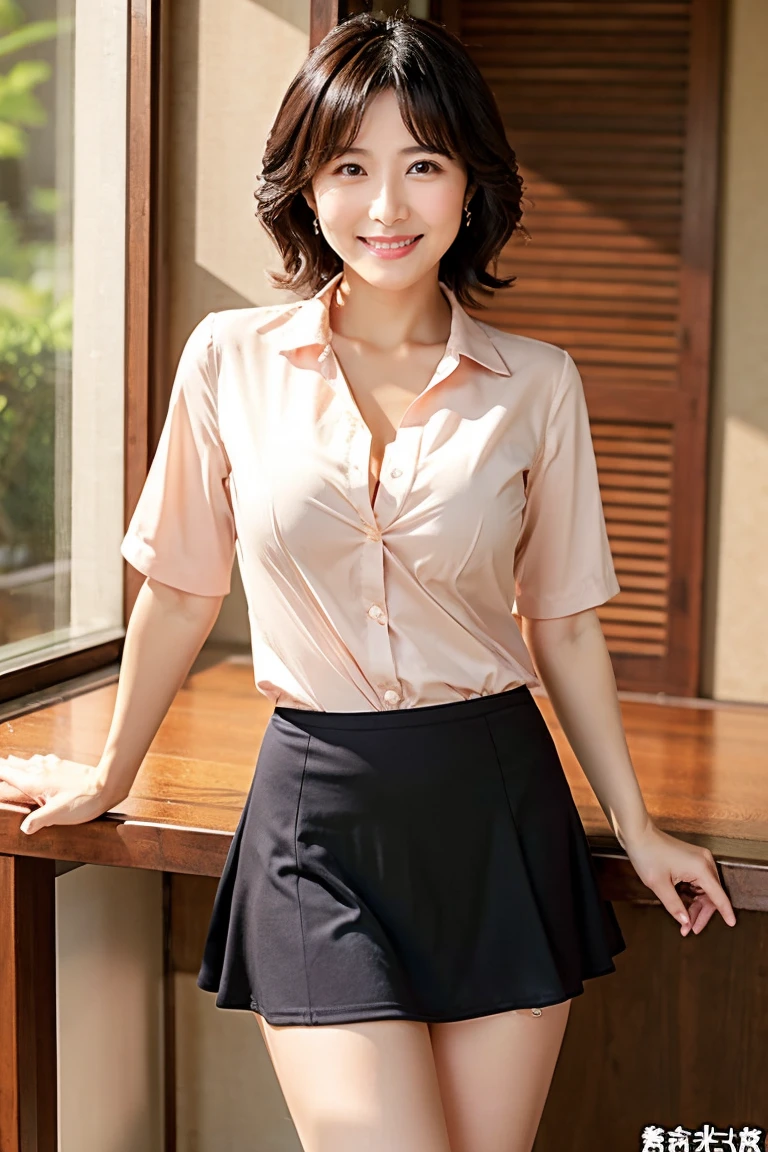 (scissors,hand up),(Wearing a light-colored shirt:1.5),A hair salon with chairs lined up,(The skin is wet from sweat:1.2),beautician,looking at the camera,Cleavage,smile,skirtリフト、skirtを手で上げる,woman, 20-year-old, Short Hair、bangs、(skirt),(White lace panties)、Cute earrings,Natural lighting