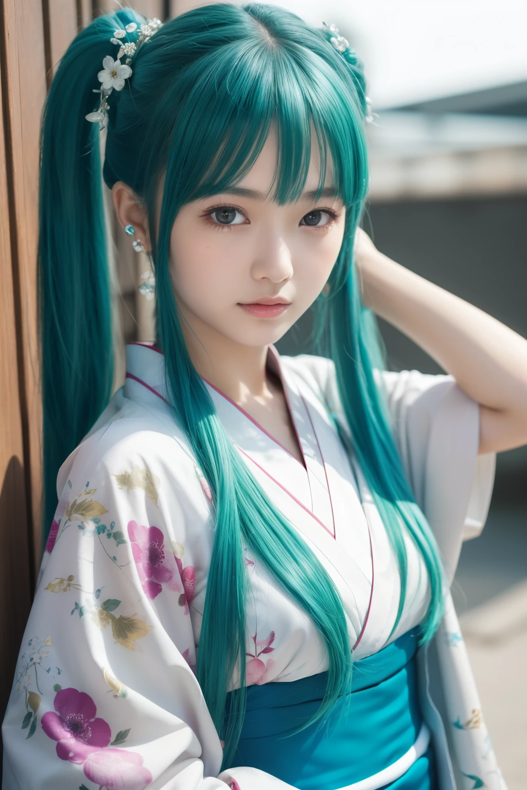 hatune miku, aqua hair, twin tails,((ultra-detailed)), ((illustration)), ((disheveled hair)), (beautiful detailed eyes), beautiful, amazing, detailed eyes, smile,waving,((in spring, cherry blosssom)), isometric