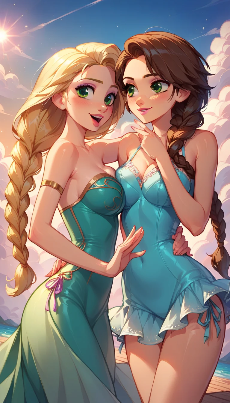 score_9, score_8_up, score_7_up, score_6_up, 2girls, elsa (blonde hair, braid, side lace-up blue bodycon dress:1.1) and anna (brown hair, braided pigtails, side lace-up green bodycon dress:1.3),, romantic scenes, on dates, clubbing, dancing together, lovers, in love, cinematic lighting,, sunset, cowboy shot.woman lies on her back with her legs up, showing her pussy,cum on body,top, sexy, woman lies on her back with her legs up, whole naked body, slave, shackled in stocks