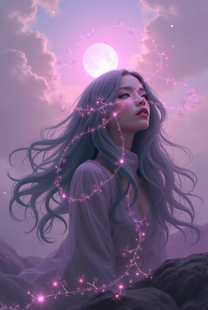 Digital painting by MSchiffer of a female Goddess, her physical body is transforming into smoke, wearing elegant robes as clothing that flows in the air in a waving way, perfectly detailed delicate face, soft features, the environment is the heart of a heavenly forest with trees and vines made out of nebulas and stars, in a classical style, celestial and cosmic, bold colors, soft billowing smoke, glowy cosmic flowers, billowing, cinematic lights, fantasy art, surreal, high contrast, HDR+, bokeh effect, cosmic, cosmos, nebula