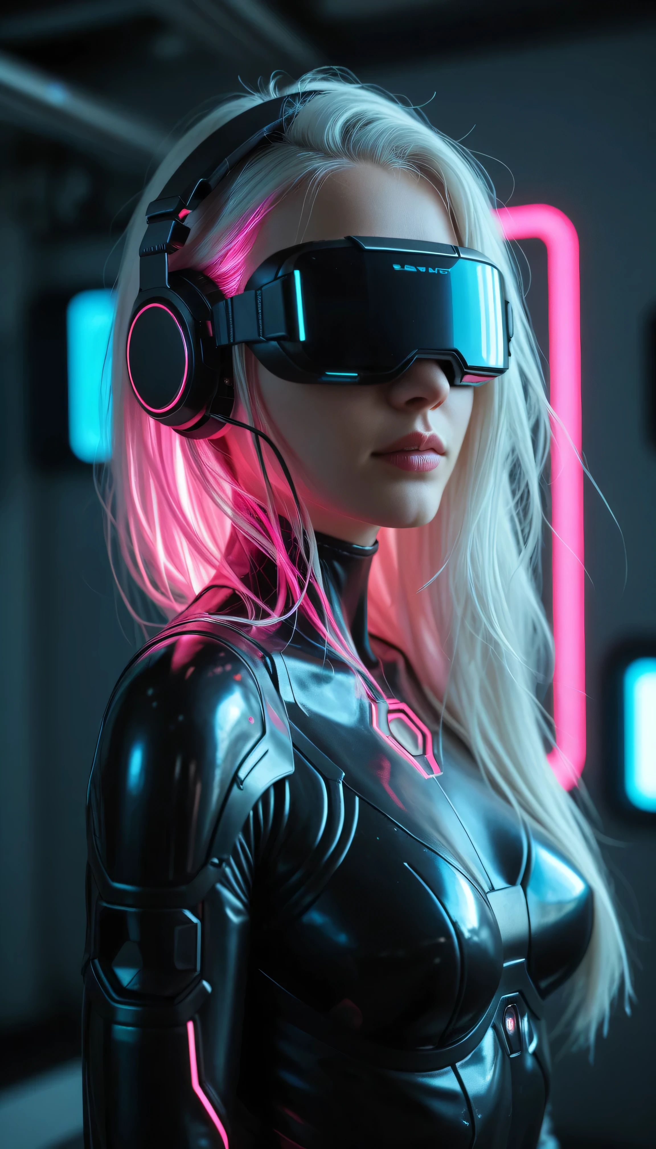 "A highly detailed and futuristic digital art piece in a vibrant sci-fi theme. The central character is a striking female figure with long, flowing white hair, adorned in an advanced black exosuit with glowing pink neon highlights. She wears a sleek VR headset, which radiates a magenta glow, covering her eyes. Her expression is calm and focused, exuding a sense of authority and sophistication. The background showcases a high-tech environment filled with illuminated holographic screens, cables, and soft blue ambient lighting, creating a dynamic contrast with the magenta and black tones of the character. The overall atmosphere is immersive, with intricate textures, sharp details, and a polished, cyberpunk aesthetic." In anime style , cyberpunk