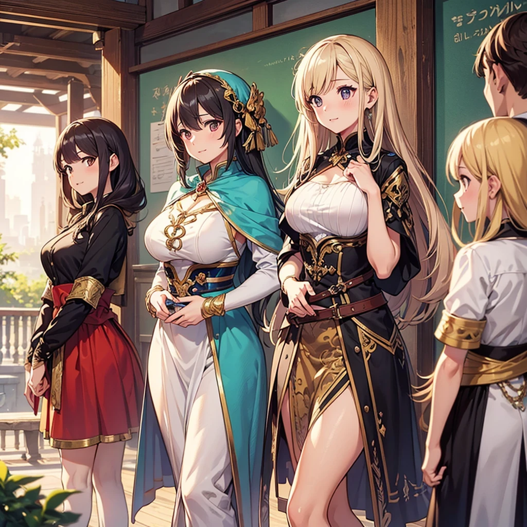 Group of 5 princesses,(5 young women,many young women), (in the bedroom), Various hair styles, harem, Wearing a strapless Thai dress.., at night, detailed face, big breasts,Breast curtain, short skirt, mule, Sleeveless , Show your armpits, at night, starry at night,(large areolae:1.4,pink,The nipples are clearly visible....),((Various poses)
