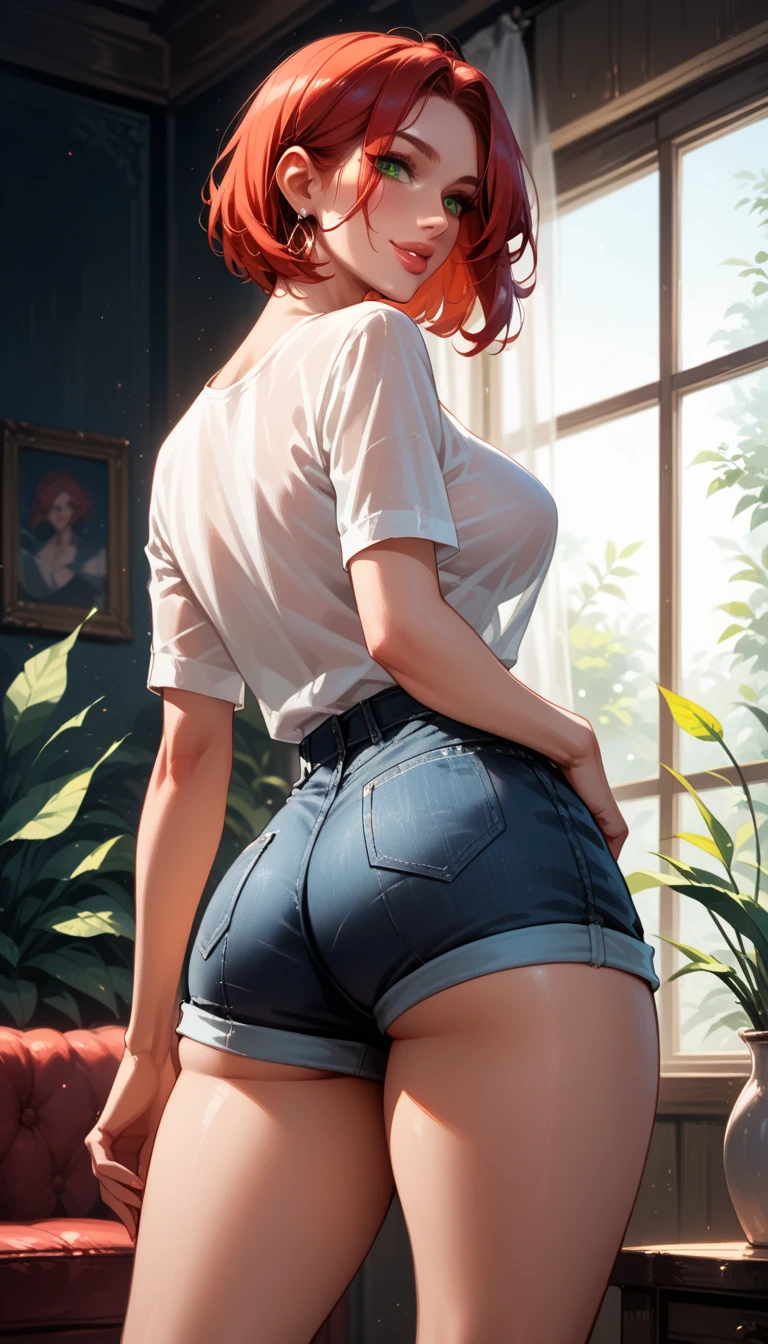 (back view),Tall, slender ((redhead)) woman of Irish descent. (pale:1.3)complexion. blue eyes, cute butt, nice legs. Kind eyes, cute smile. Eyeglasses, very light makeup, tank top, ripped jeans, bare feet, messy ponytail. Painting in art studio.