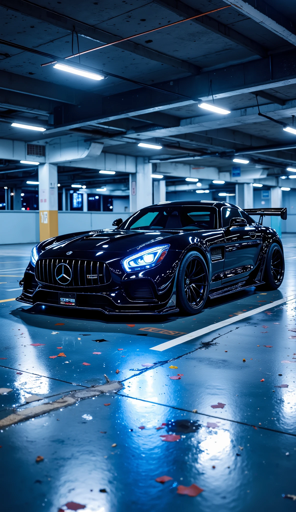 A dark-colored, likely black, sports car is centered in a parking garage. The car is positioned in a parking space and is angled slightly to the right of center. The car's design is a custom or modified version, featuring pronounced aerodynamic elements and a lowered stance. The car's headlights are lit up, creating bright spots against the darker background, and the reflections of the lights on the concrete floor are visible. The garage's interior is lit by fluorescent lights, which cast a cool bluish-white light on the concrete and the car. The concrete floor of the parking garage is a light gray, and the walls are a muted gray-blue. The perspective is slightly below the car, providing a view of the car's details. The lighting in the image is dramatic, focusing on the car, and the concrete flooring. The atmosphere is one of sleekness and modern design with a touch of urban cool.