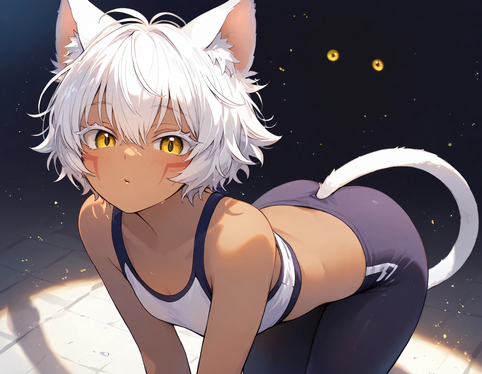 (Masterpiece, high quality, shaders, shadows, cinemática light, simple, anime) solo,Solo, woman, semi human, catgirl, short hair, messy pixie hair cut, pointy cat ears, white cat ears, face marks, white hair, facemarks, yellow eyes, large eyes, elegant eyes, perfect lips, small lips cat tail, thin cat tail, white cat tail, large eyelashes, white eyelashes perfect face, mature face, (brown skin) leggings, gym cloth, simple background

