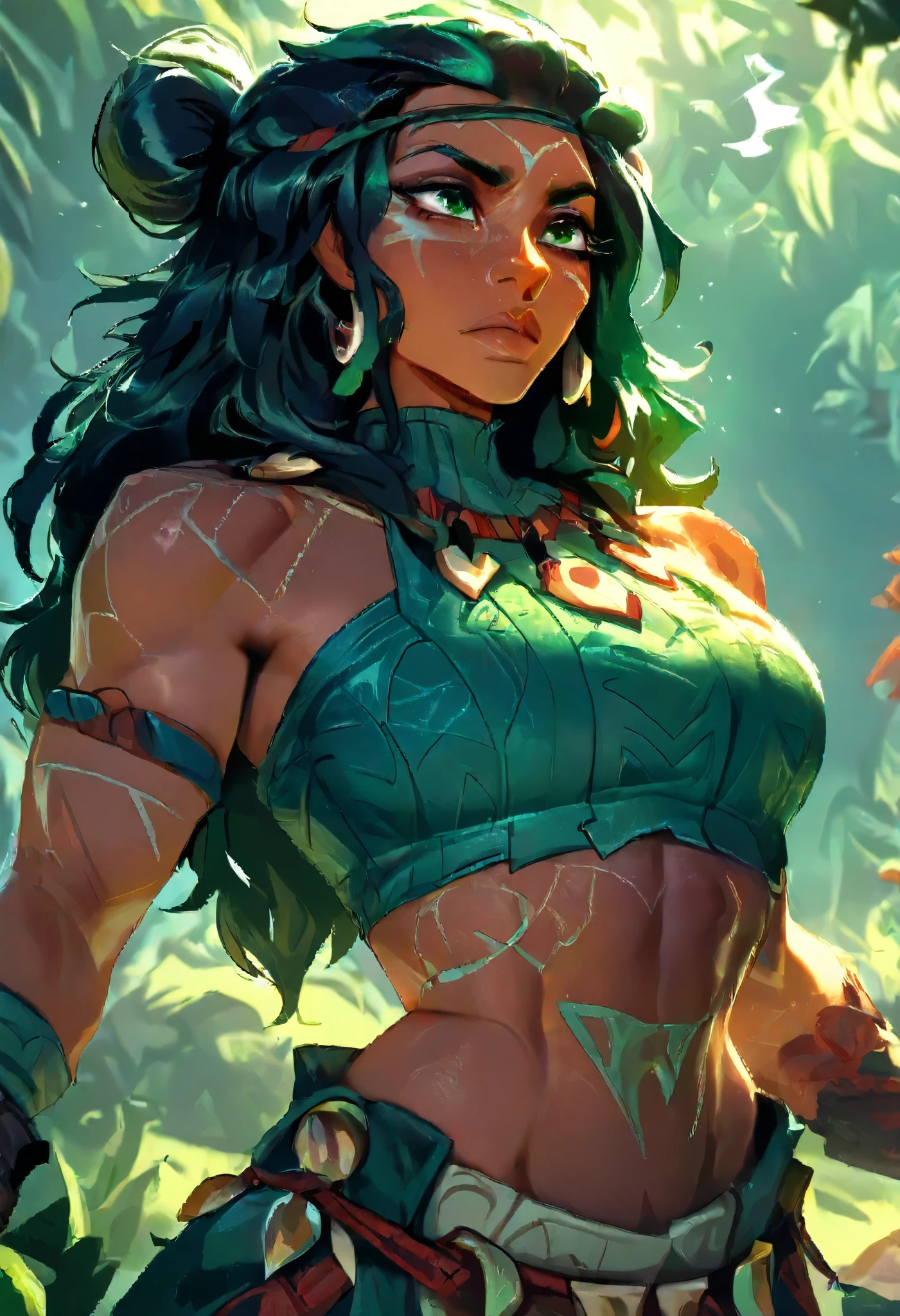 jungle, nidalee, league of legends, absurdres, highres, cowboy shot, 1girl, bare shoulders, body markings, black hair, facial mark, fingernails, fur trim, gem, green eyes, jewelry, long hair, necklace, ponytail, solo, tooth necklace, very long hair, hairband, master piece, best quality, portrait, beautiful face, dark skin