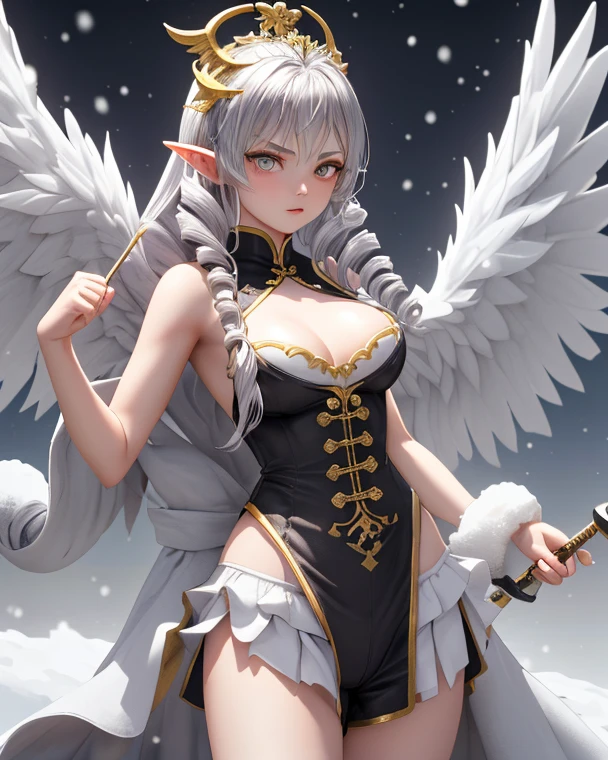 1girl, breasts, solo, horns, long hair, albedo (overlord), wings, large breasts, dress, hip vent, black wings, white gloves, gloves, looking at viewer, black hair, white dress, bare shoulders, hair between eyes, yellow eyes, feathered wings, demon horns, smile, feathers, demon girl, cleavage, slit pupils, detached collar, bangs, very long hair, closed mouth, black feathers, cowboy shot, covered navel, elbow gloves, white horns, standing, demon wings ,ultra high res, (photorealistic:1.4), raw photo,16K,dramatic lighting,