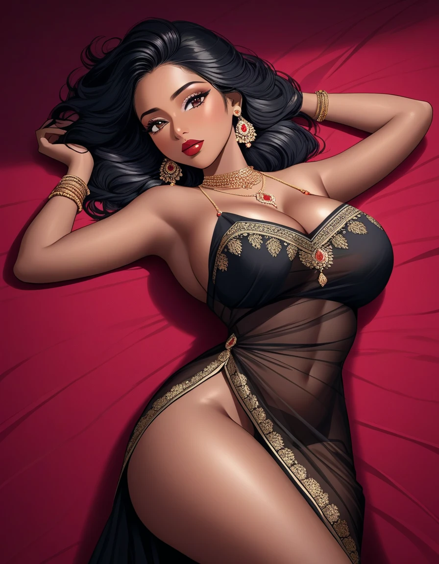 ((Masterpiece, hiquality, absurdress) 1Woman, black hair, curly hair, Afro-curly hair, Green eyes, a perfect face, the perfect body, big breastes, short stature, very dark skin, Hindu woman, 独奏, ((Best Quality)), ((Masterpiece)), (Detailed:1.4), Detailed eyes and face, Designer bra ,Designer panties, Languid look, Evening, big bed, Primordial world