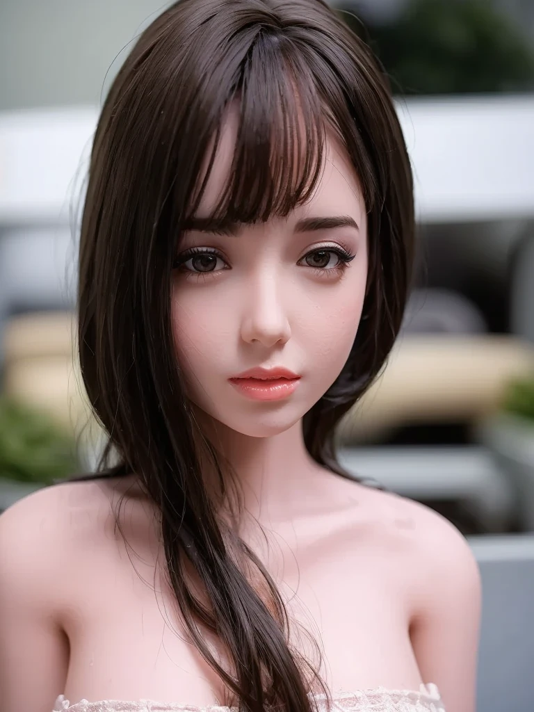 picture of curvy silicon doll with dark hair purple eyes, make up, silicon skin (best details, Masterpiece, best quality :1.5), ultra detailed face doll-like, plastic (best details, Masterpiece, best quality :1.5), ultra feminine, curvy body, large breasts (best details, Masterpiece, best quality :1.5), wearing slutty clothes, panties, long hair, hair pulled back, dark hair, silicon doll, modern bedroom pink background (best details, Masterpiece, best quality :1.5), ultra best realistic pictures , best details, best quality, 16k, [ultra detailed], masterpiece, best quality, (extremely detailed), ultra wide shot, photorealism, depth of field, hyper realistic painting