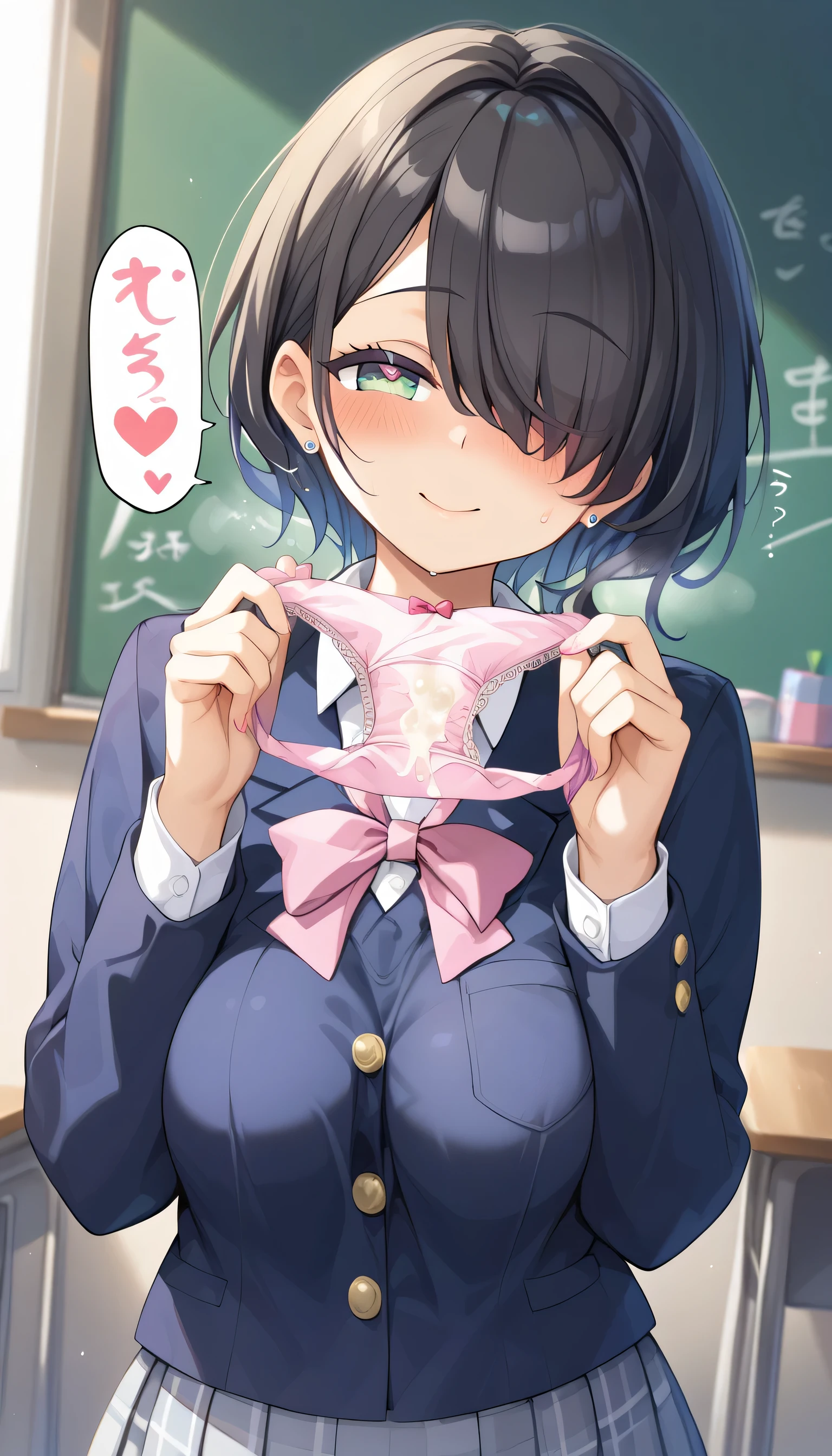(masterpiece, 4K resolution, Ultra-realistic, Very detailed), Girl、、、blazer、Sit on a chair、classroom、Holding pink panties with both hands、smile、Black Hair、Bobcut、Brown eyes