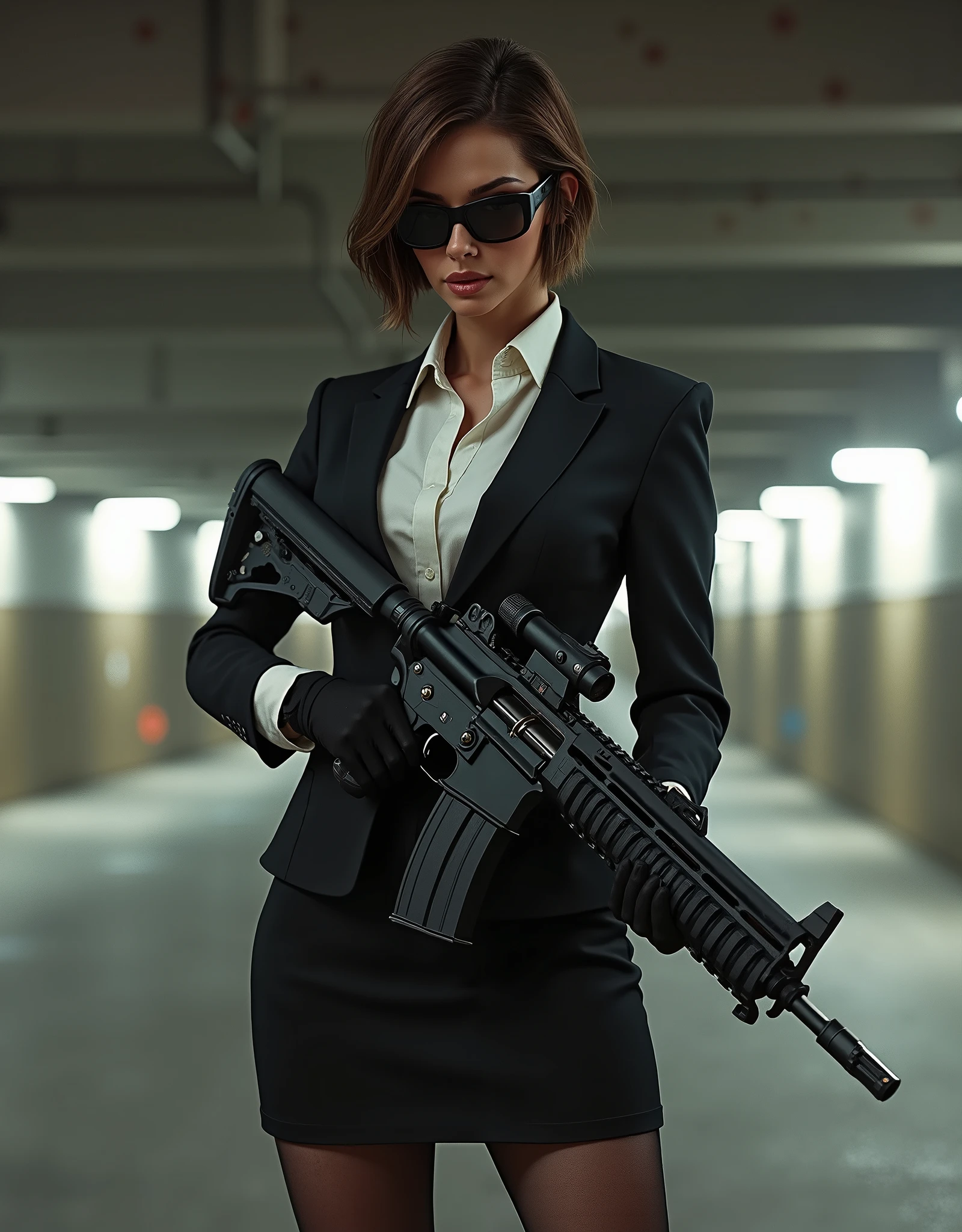 masterpiece, best quality, highres, highly detailed, 1girl, aiming at viewer, bullpup assault rifle, black legwear, breasts, brown hair, full body, gun, holding, holding gun, jacket, looking at viewer, miniskirt, outdoors, parking garage, pantyhose, pencil skirt, secret service-type government agent, shirt, short hair, black skirt suit, solo, sunglasses, weapon. random pose