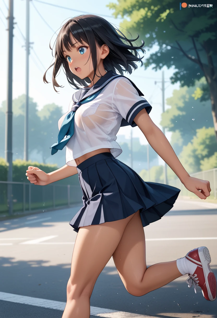 Hiroshi Masumura, Floyd Davis, Surreal, mysterious, strange, fantastical, fantasy, sci-fi, Japanese anime, miniskirt beautiful high school girl riding a bicycle-type human-powered time machine, perfect voluminous body, detailed masterpiece dynamic action poses sweating wet Clothes see through transparent hyper realistic sharp focus cinematic lighting depth of focus sexy erotic dynamic action poses real coquettish embarrassment shy blushing legs spread 