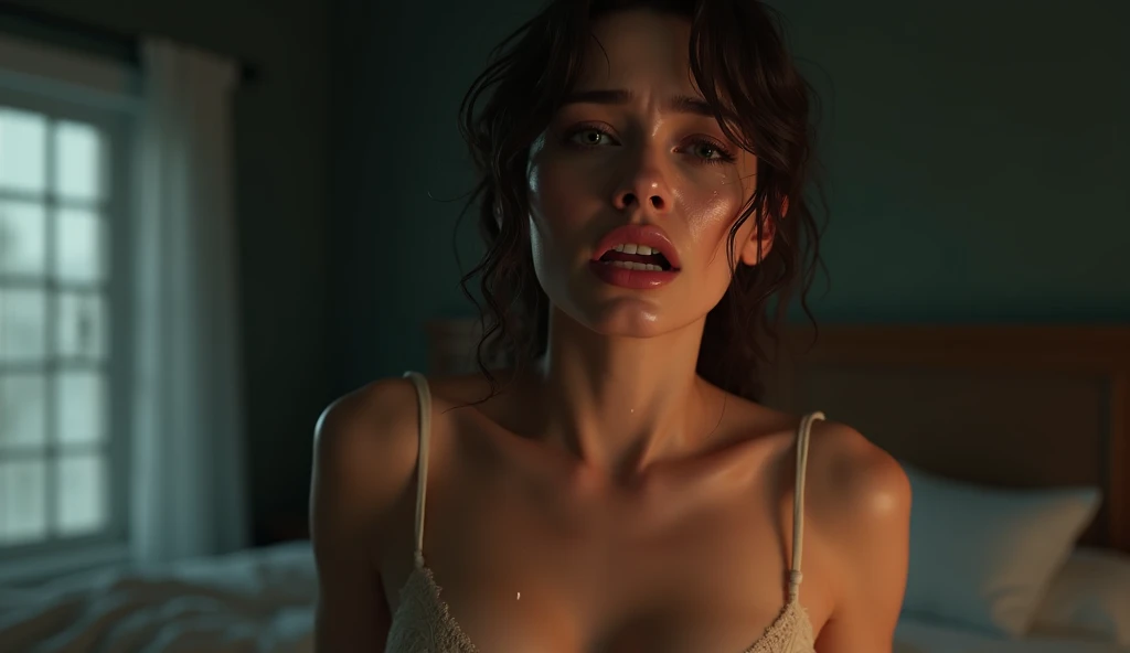 A scared girl wears unbuttoned shirt, flat chest, lying on the sofa, looks very enjoyable, erotic movie style, looks depressing, high quality, ultra-detailed, crazy details, 4K
