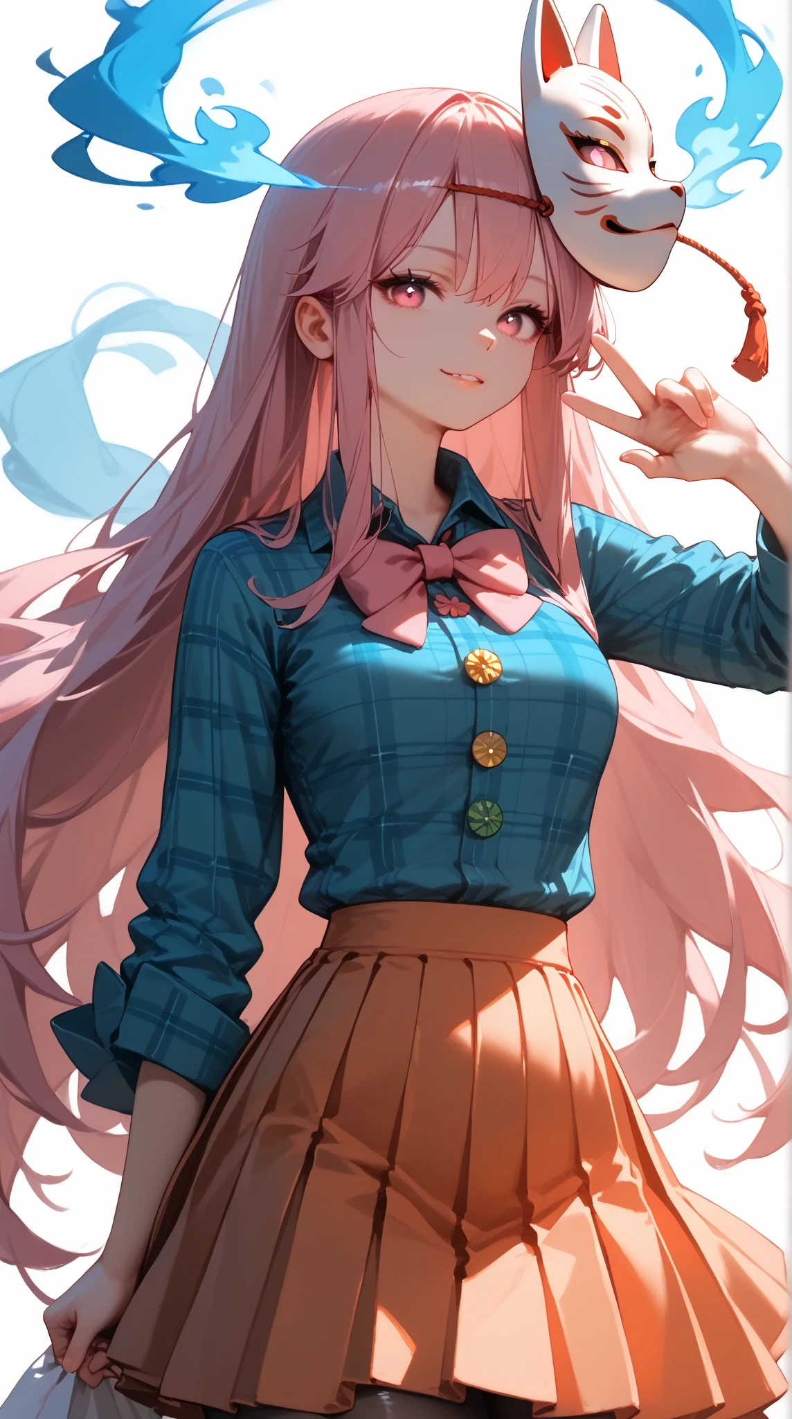 ( ,   Very nice work   .,      top quality     , , very   high definition   ),     1 girl    ,      Hata no Kokoro     ,      Fox Mask,      Pink Hair,      long hair,      Pink Eyes     ,      emotionless face      ,  ,  mask on the head   ,   With the mouth closed     ,      blue plaid shirt  ,  Pleated skirt,     Blue Flame,     Standing Pose ,  simple background  ,  top detail  ,    high definition    ,   perfect breasts   ,  Tights ,   Sexy Gesture   , Attractive