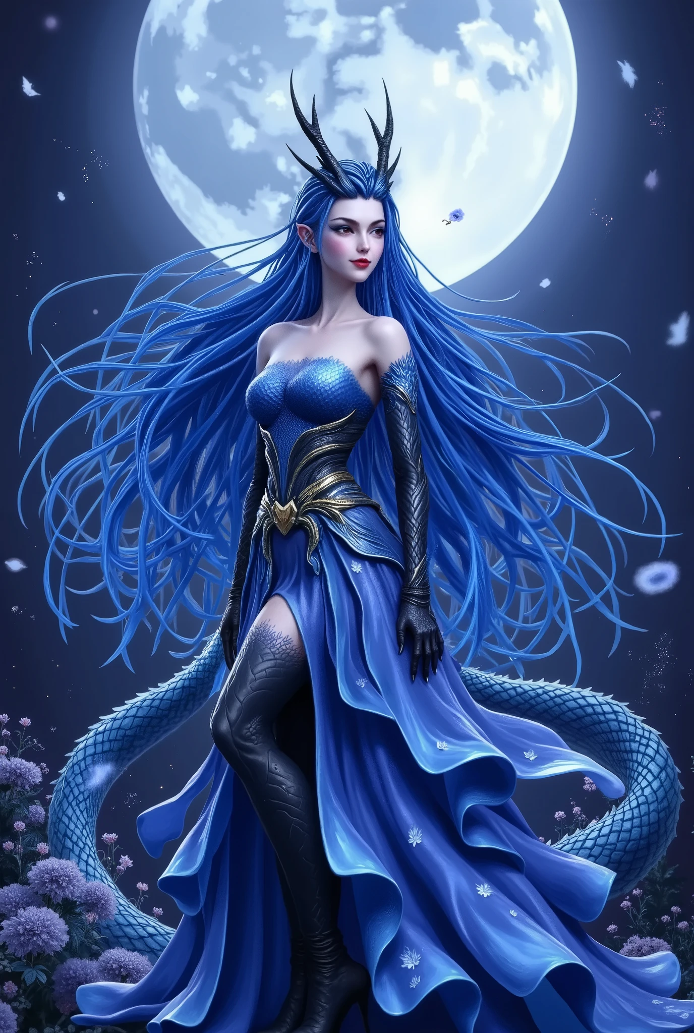 A woman with blue hair and a dragon tail stands in front of a full moon, Airbrush Paintings Inspired by Anne Stokes, Artstation Contest Winners , fantastic art , Blue Elf, Legend of Mysterious Creatures , Extremely Fine Artgerm Style , amazing fantastic art , beautiful fantastic art , epic fantastic art style, epic fantastic art style hd, fantastic art style