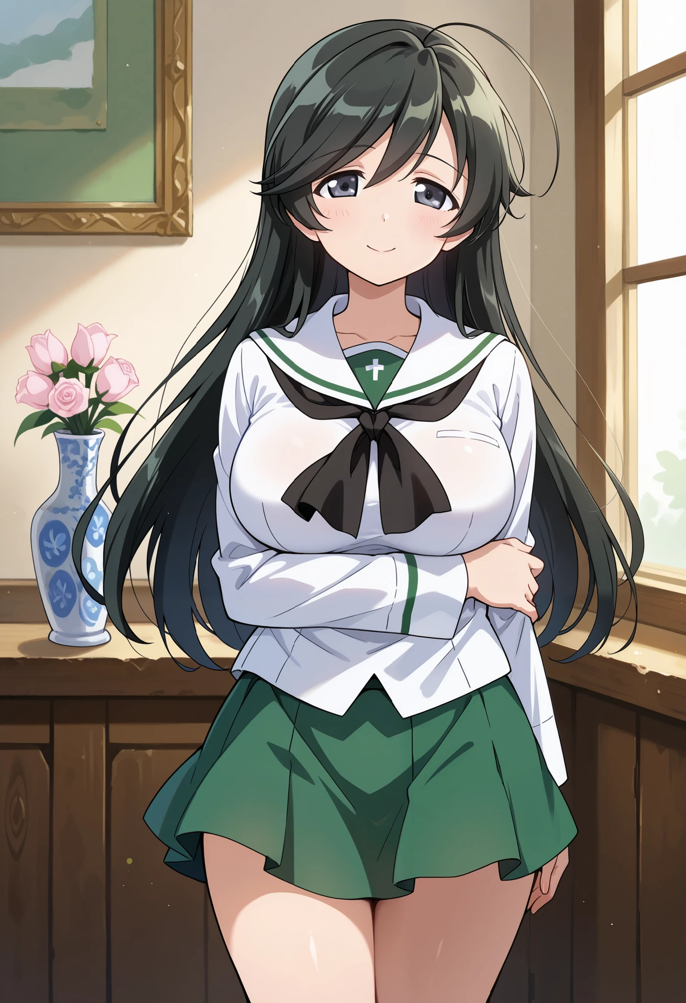  high res,  top quality,  Super Quality  、 shot from the front 、 smiles on the vase、  Super High Definition、Standing、 one girl、solo, Isuzu Hana ,   black hair,  long hair, stupid hair,   black eyes ,  big breasts,   Oarai school uniform ,White sailor collar, black neckerchief , white shirt,  Long Sleeve  , Green Skirt , Black Sox, loafers