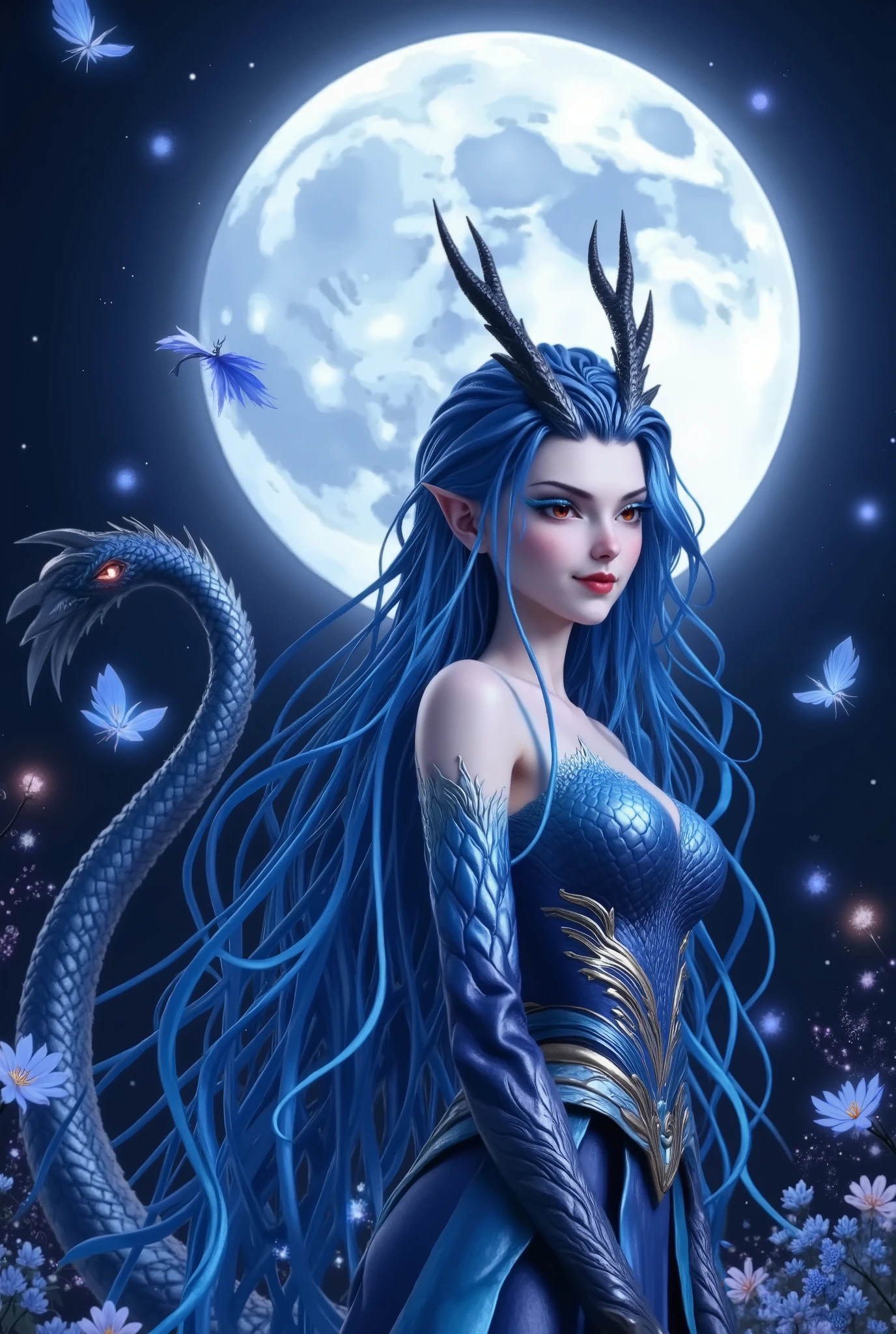 A woman with blue hair and a dragon tail stands in front of a full moon, Airbrush Paintings Inspired by Anne Stokes, Artstation Contest Winners , fantastic art , Blue Elf, Legend of Mysterious Creatures , Extremely Fine Artgerm Style , amazing fantastic art , beautiful fantastic art , epic fantastic art style, epic fantastic art style hd, fantastic art style