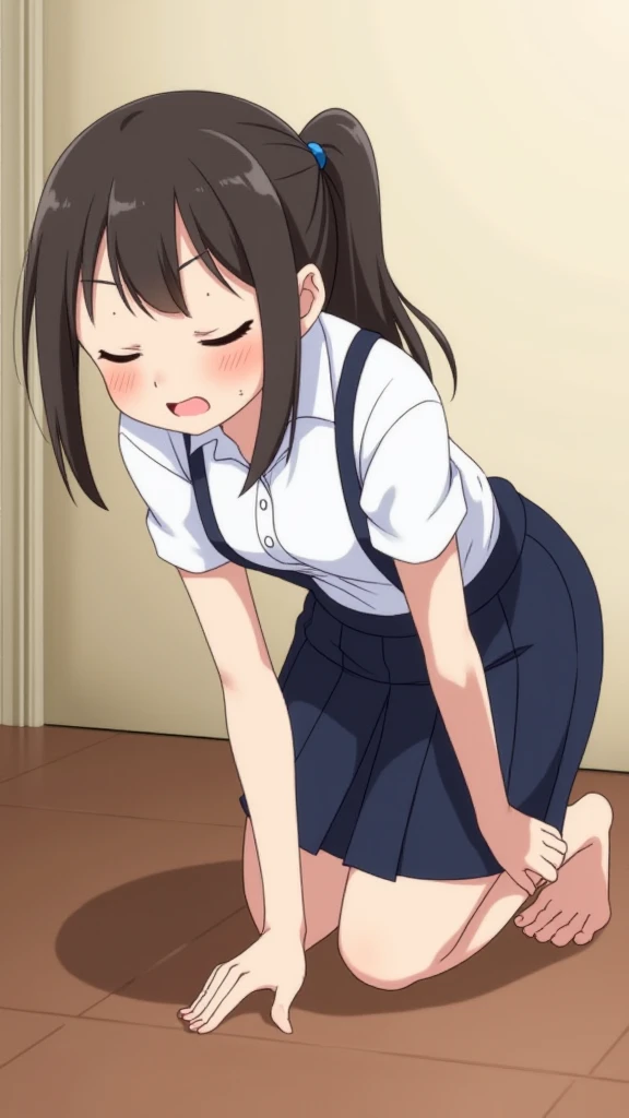 (masterpiece:1.2), (best quality:1.2), (ultra highres:1.2), (8k:1.1),(1girl), (all-fours:1.3), (crawling position:1.3),16years old,cute, school uniform,(skirt:1.1),dark hair,long hair,(cute white panties:1.2),glistening skin,(genital line:1.1),smile,panties focus,hairpin,(from behind:1.3),focus to ass,(wedgie:1.2),looking at viewer,