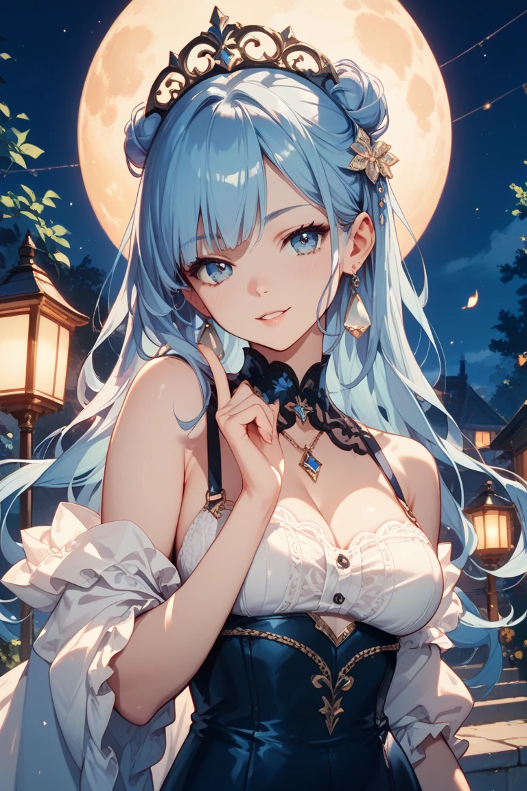 modelshoot style, (masterpiece:1.3), (absurdres:1.3), (best quality:1.3), (ultra-detailed:1.3),(best shadow:0.7), (handled hair), pureerosface_v1, perfect anatomy, 1girl, solo, large breasts, cleavage, virtual youtuber, yukihana lamy, light blue hair, hair between eyes, yellow eyes, pointy ears, long hair, heart ahoge, hair flower, gradient hair, gradient eyes, sleeveless, strapless dress, strapless, bare shoulders, cleavage, large breasts, sightly smile, pov, facing viewer, look at viewer, from above, close-up, leaning forward viewer, night sky, indoors, jewelry, necklace,