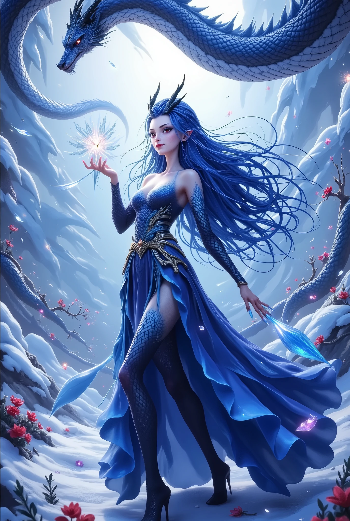  Noble and Elegant Dragon Princess，She will freeze magic， red eyes，Blue eyelashes，dragon horn。Prefer blue clothes。Dragon in the air。crystal darts，Examples of luminescence， ray tracing，Motion Capture。 Disney-style ，The AI model，Blue Elf,  Detailed Fantasy Art  ,  Fantasy art style,  Intricate Fantastic Digital Art ， huge chest ， reveals breasts， exposing chest， reveals breasts， exposing chest， exposing chest， reveals breasts， exposing chest， reveals breasts，