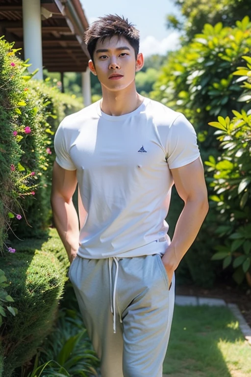 Young Korean man in a white t-shirt and jeans, A handsome, muscular young Asian man looks at the camera. In a simple blue t-shirt , Fieldside, grass, beach, sunlight