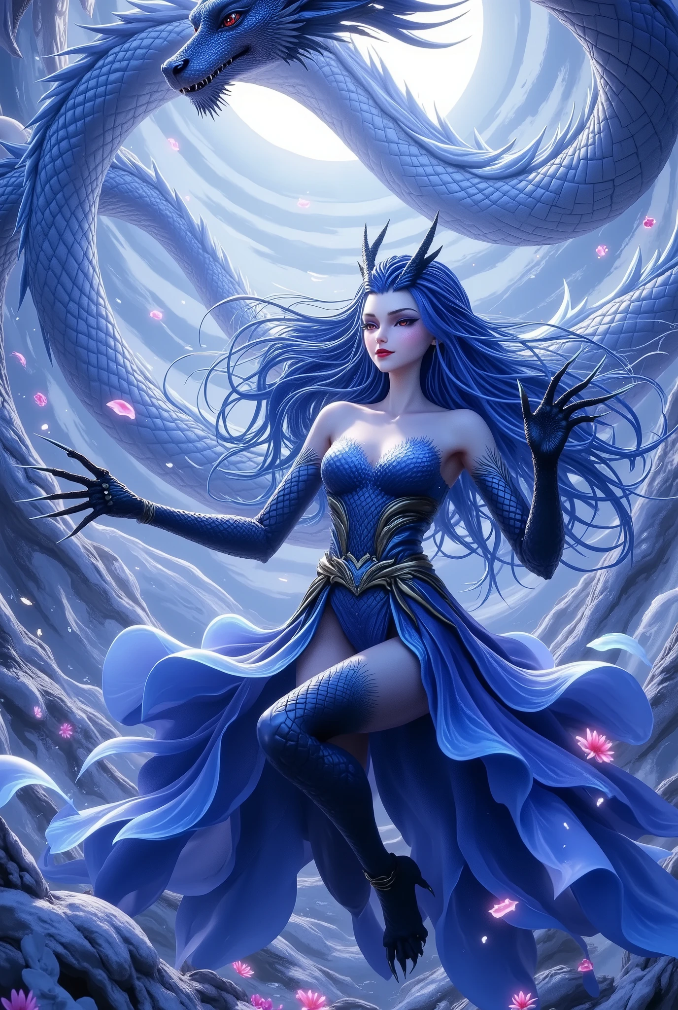  Noble and Elegant Dragon Princess，She will freeze magic， red eyes，Blue eyelashes，dragon horn。Prefer blue clothes。Dragon in the air。crystal darts，Examples of luminescence， ray tracing，Motion Capture。 Disney-style ，The AI model，Blue Elf,  Detailed Fantasy Art  ,  Fantasy art style,  Intricate Fantastic Digital Art ， huge chest ， reveals breasts， exposing chest， reveals breasts， exposing chest， exposing chest， reveals breasts， exposing chest， reveals breasts，
